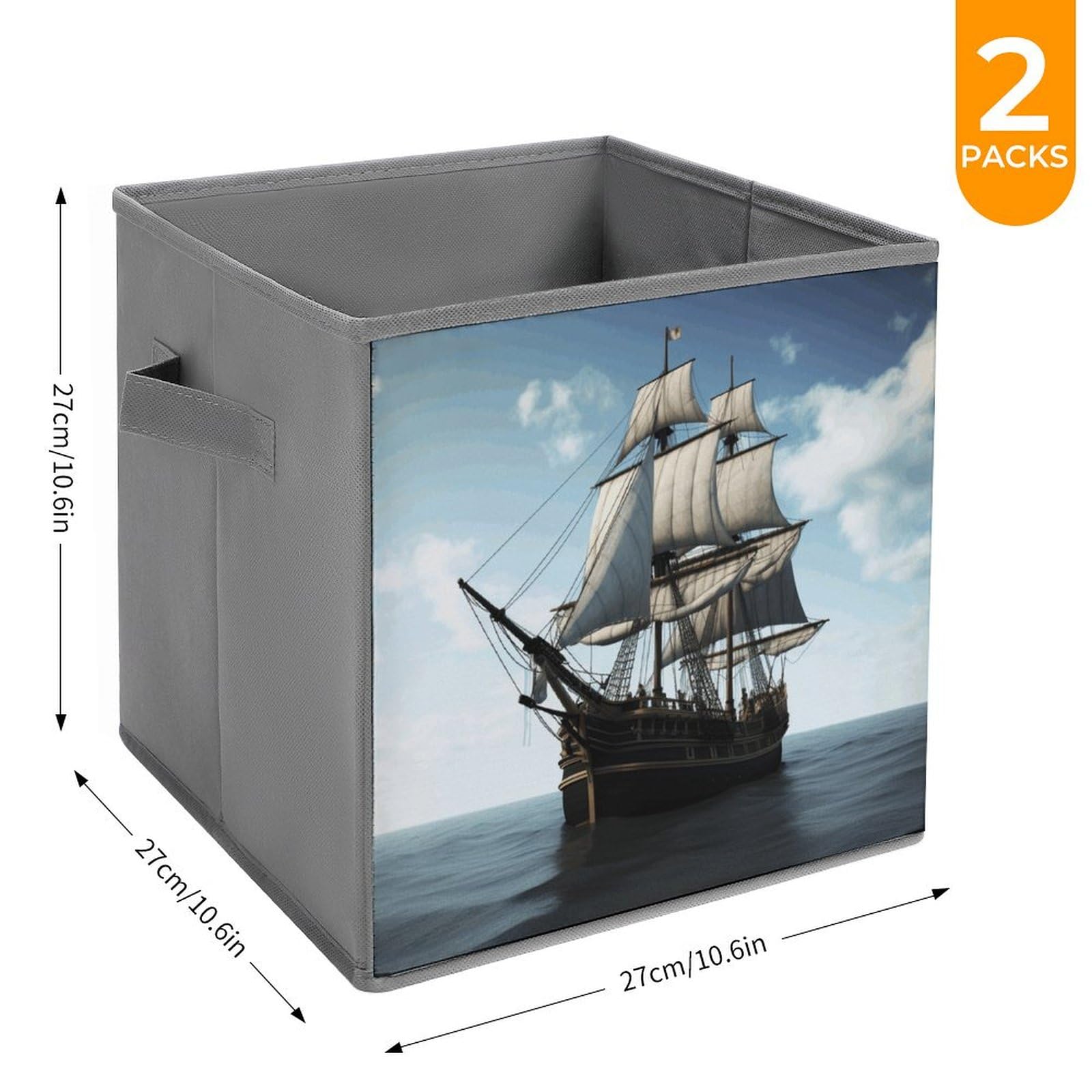 Large Collapsible Storage Bins with Handles - 2-Pack Old Sailing Ship Design Fabric Storage Cubes for Closet, Home & Office Organization | Perfect for Bedroom, Kids' Room & Dorm Storage Solutions