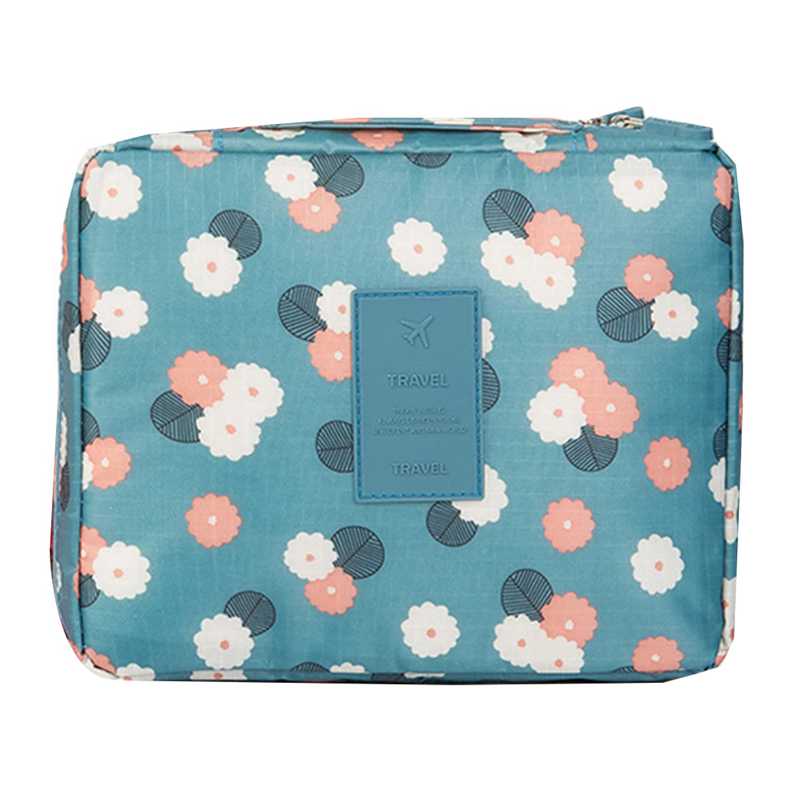 Waterproof Travel Toiletry Bag for Women - 2 Layer Cherry Blossom Makeup Storage Pouch for Cosmetics, Brushes & Toiletries (Blue Floral) | Perfect for Vacation, Gym & Weekend Getaways