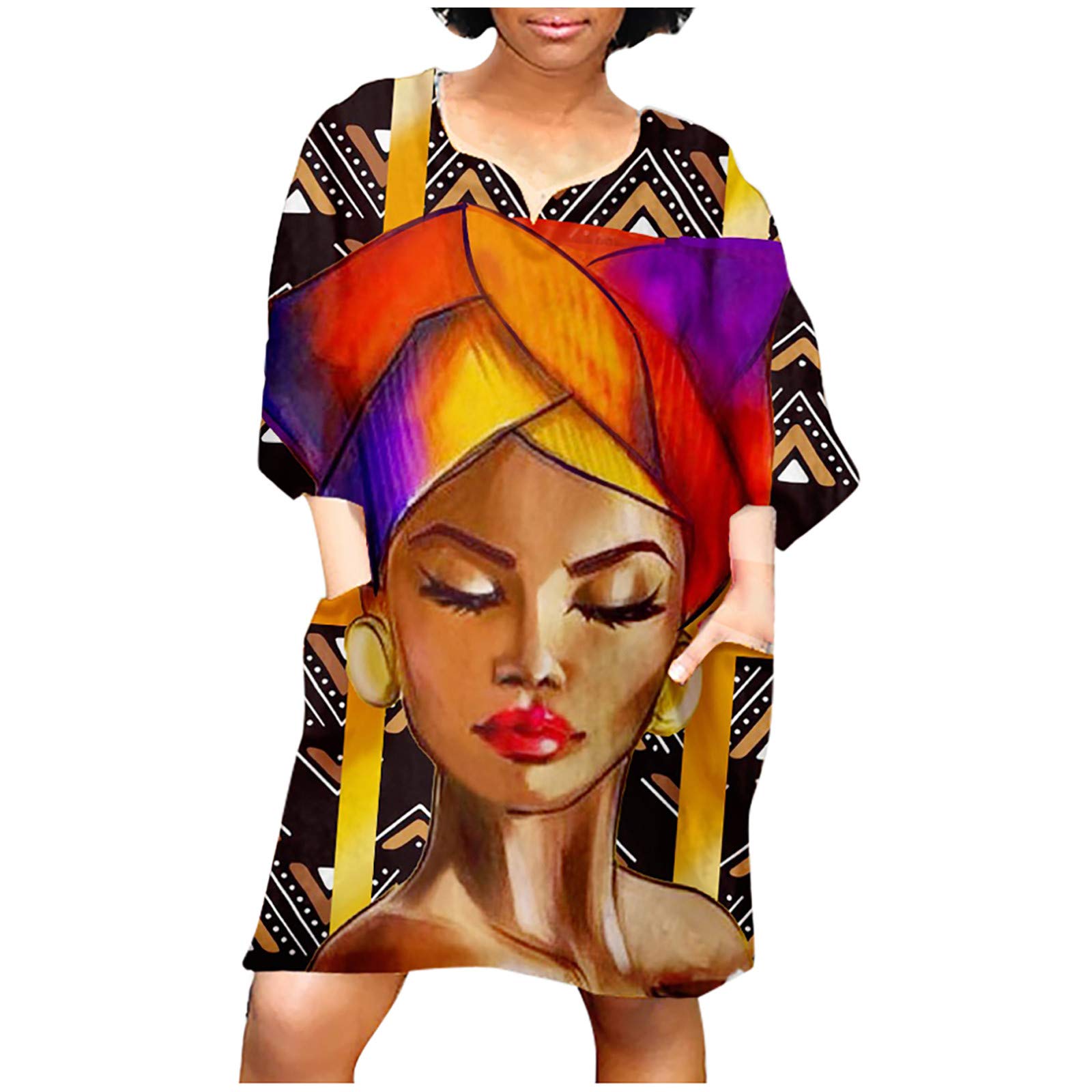 BmkBWO Women's Black History Month Tunic Shirt Dress - African Print Long Sleeve Plus Size Casual Dress for Summer | Traditional Cultural Wear for Festivals, Church & Special Occasions
