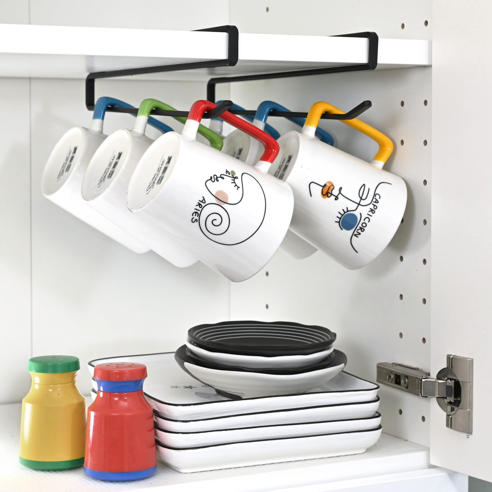 Space-Saving Coffee Mug Hanger for Kitchen Cabinet - No Screw Installation, Holds Cups, Mugs & Utensils (2 Pack) - Fits Shelves up to 3/4