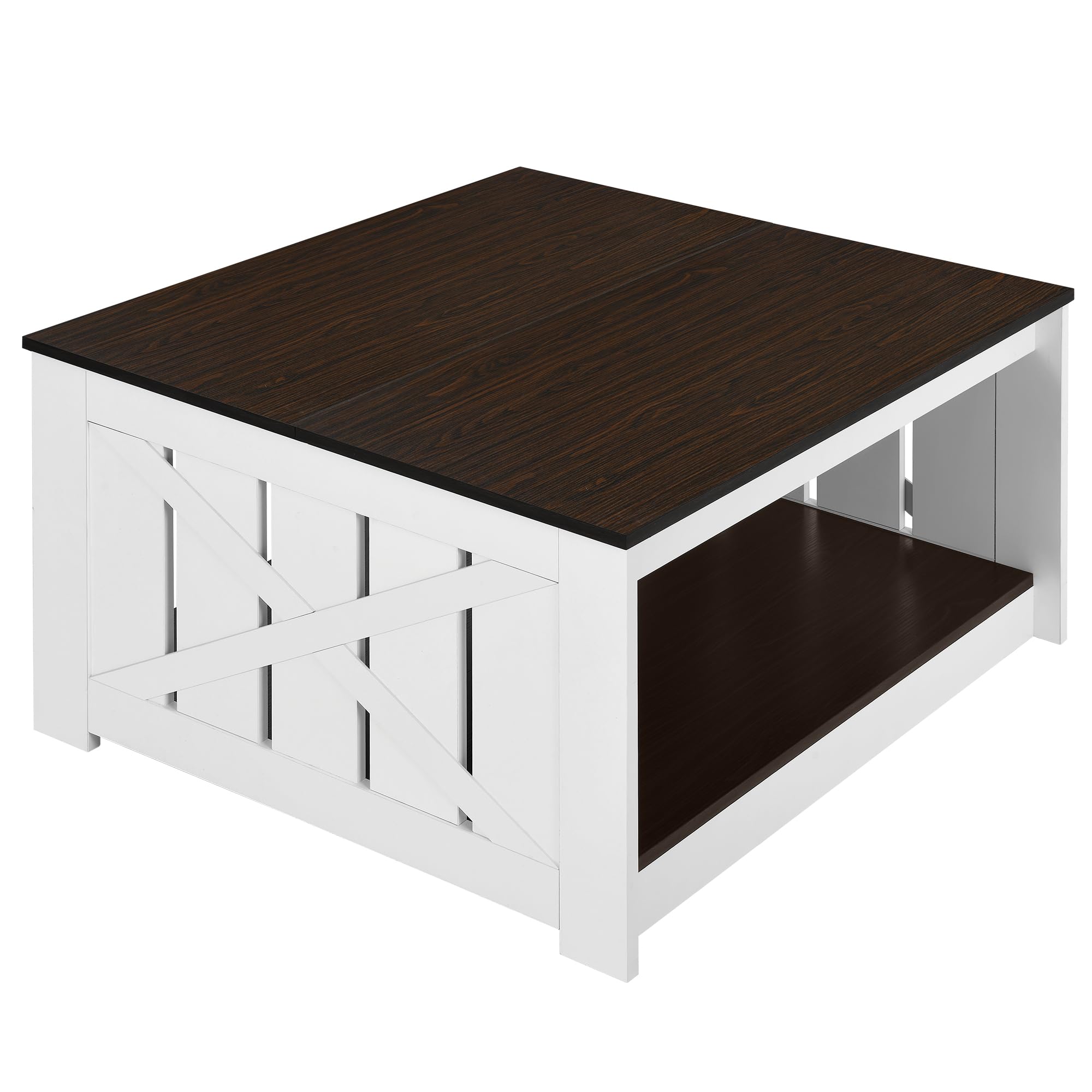 Rustic Farmhouse Coffee Table with Storage - Solid Wood Square Cocktail Table for Living Room & Meeting Room, Half Open Storage Compartment, Deep Brown - Perfect for Home Decor & Small Space Organization