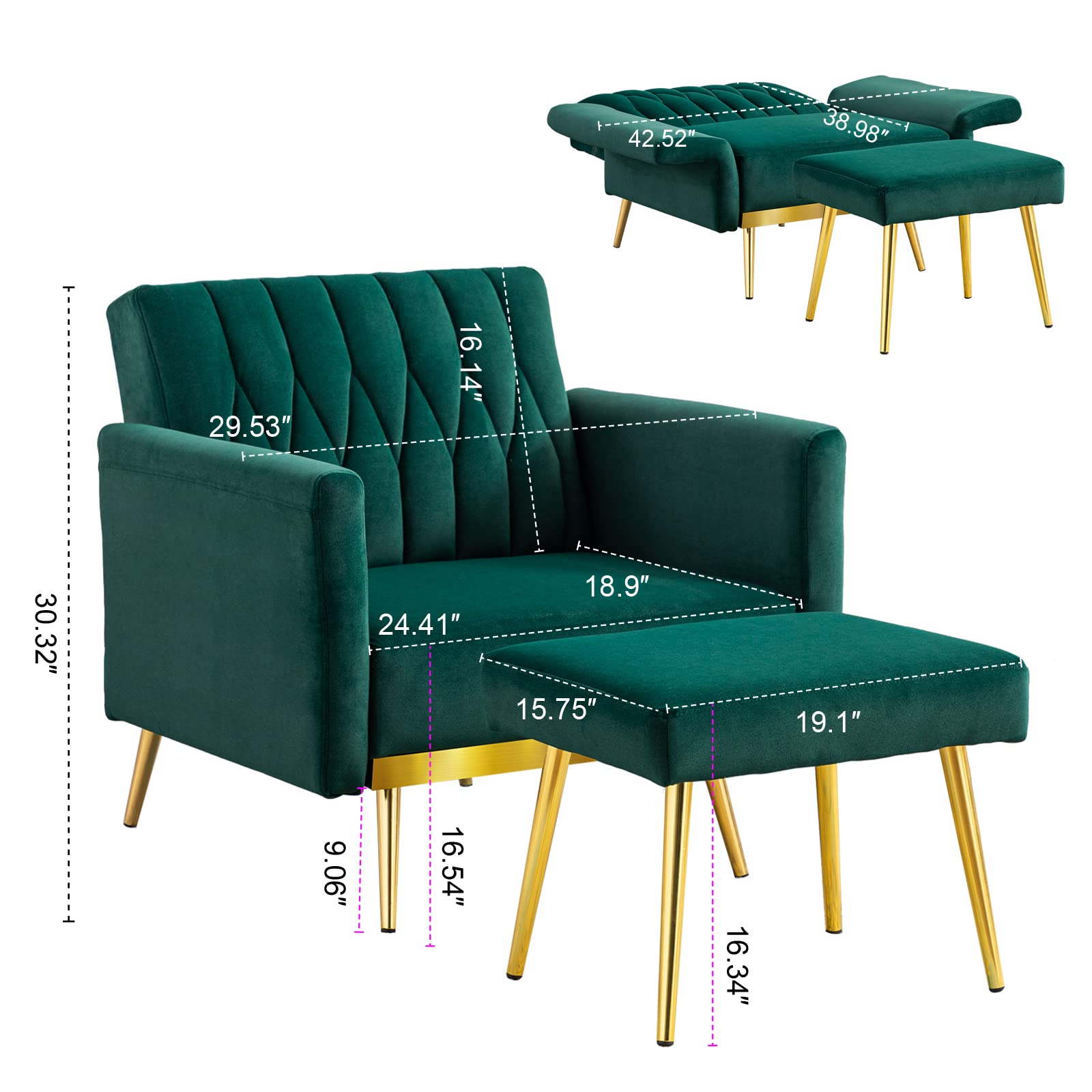 Modern Velvet Single Sofa Chair with Ottoman - Adjustable Armrests for Living Room, Bedroom & Office