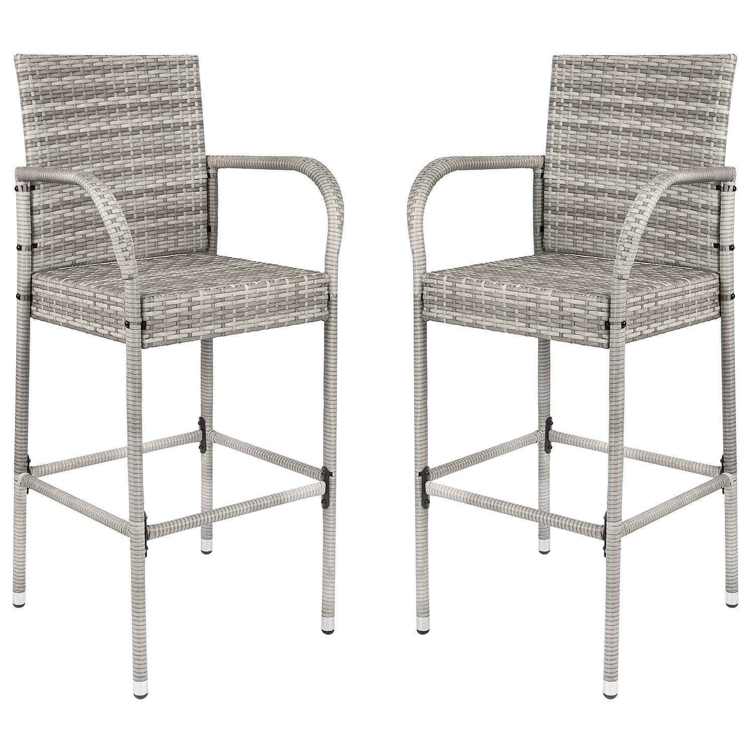 Homall 2-Piece Wicker Bar Stools Set with Footrest & Armrest - Indoor Outdoor Patio Barstools for Garden, Pool, Lawn, Backyard - Gray Rattan Bar Height Stools for Dining, Entertaining, and Relaxing