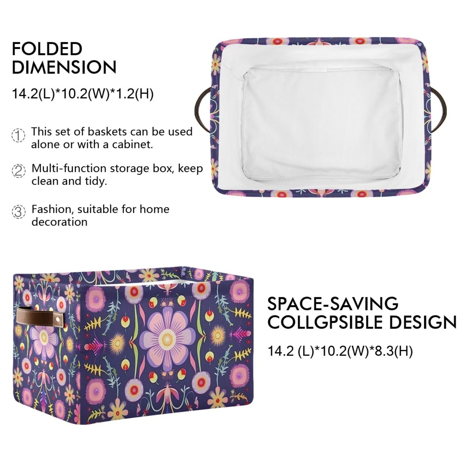 Foldable Canvas Storage Baskets with Handles - 2 Pack Rectangle Fabric Organizer Boxes with Floral Pattern for Home, Office & Closet Organization | Perfect for Clothes, Toys & Shelf Decor