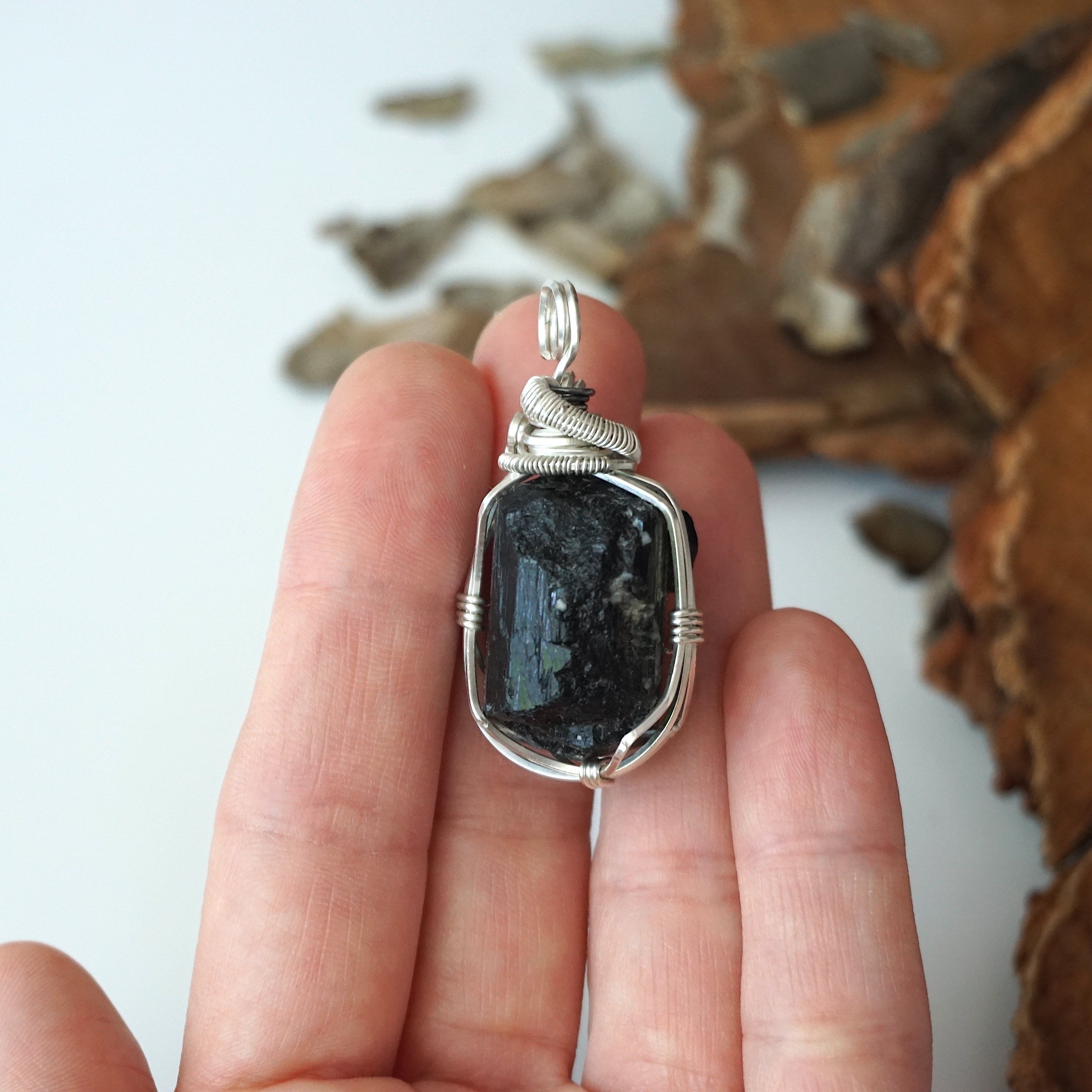 Sterling Silver Wire Wrapped Raw Tourmaline Pendant Necklace for Women - Handmade Boho Jewelry Gift for Birthday, Wedding & Spiritual Healing