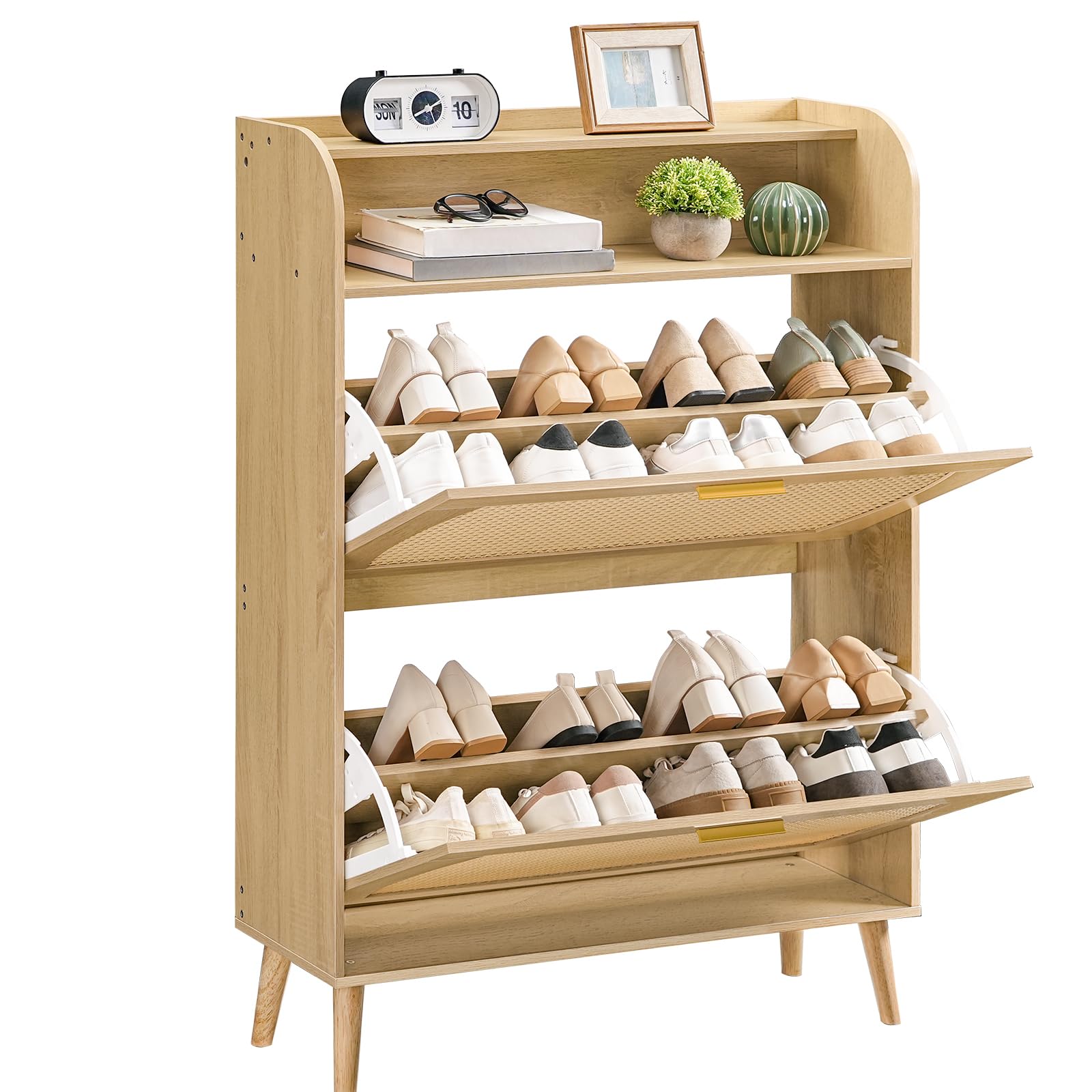 HOOBRO Rattan Shoe Storage Cabinet with 2 Flip Drawers - Adjustable Shelves Entryway Shoe Organizer for Hallway & Living Room - Natural Bamboo Shoe Rack for Small Spaces (NN80SC01) | Perfect for Apartment Entry, Closet Organization & Home Decor