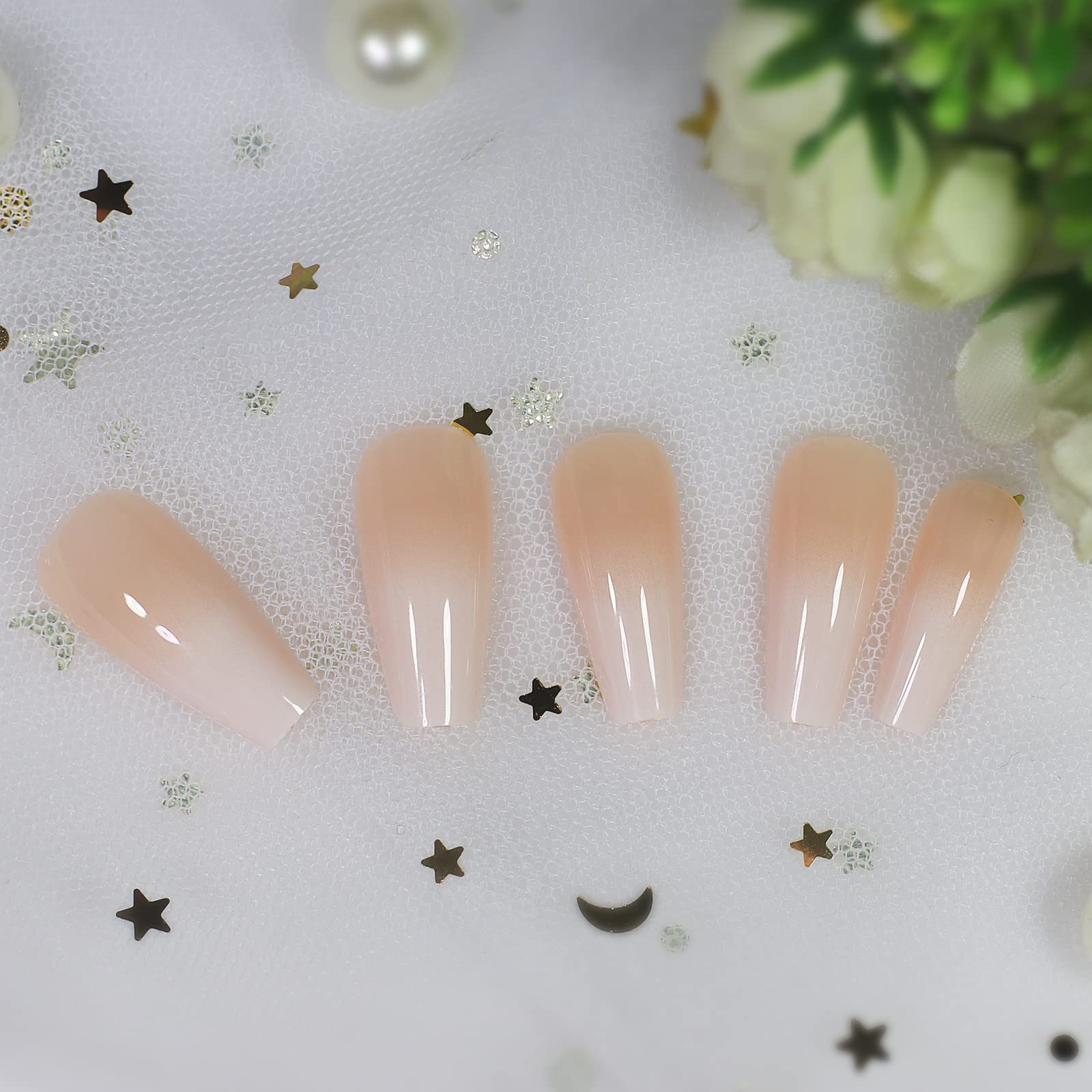 Long Glossy Ombre Pink Nude White French Ballerina Coffin Press-On Nails - Gradient Fake Nails Tips for Ballet, Parties & Special Occasions