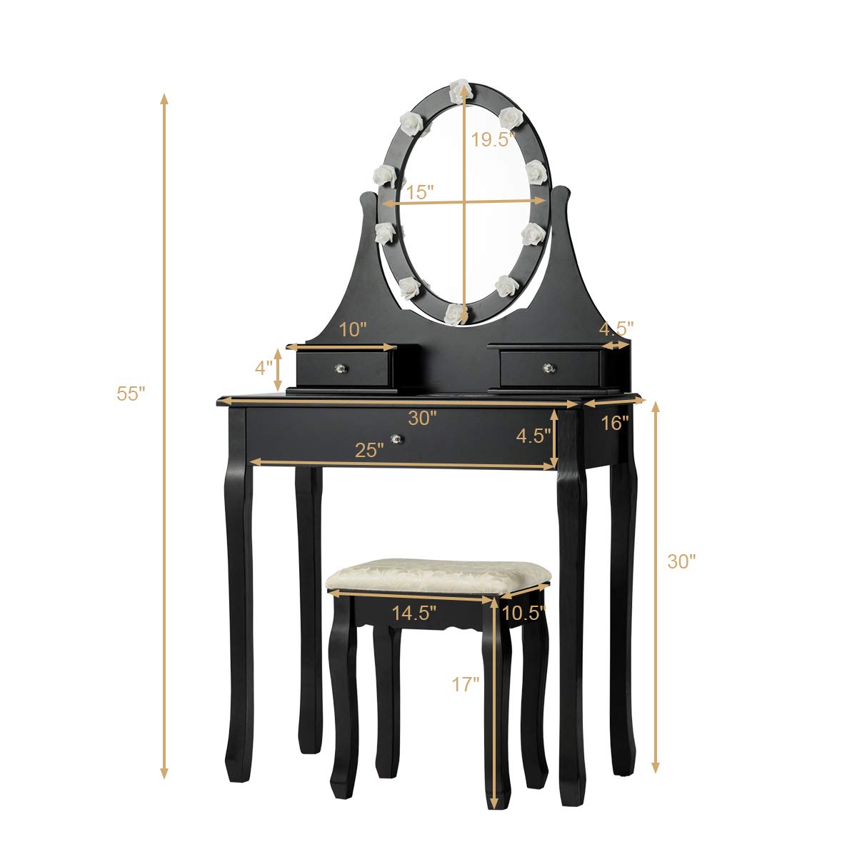 GOFLAME Vanity Table Set with 360° Rotating LED Makeup Mirror, 3-Drawer Dressing Table & Cushioned Stool - Elegant Black Bedroom Vanity for Women & Girls | Perfect for Makeup, Skincare & Hair Styling