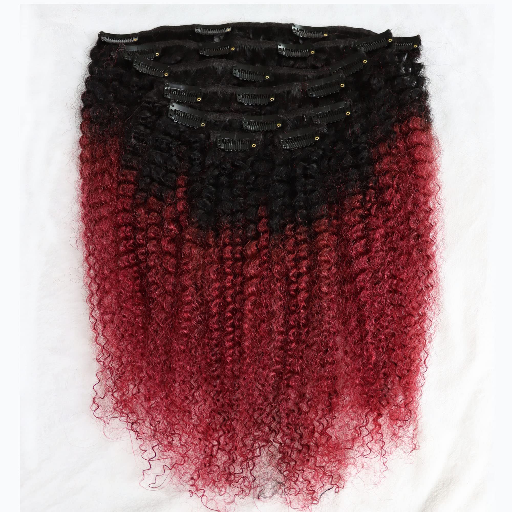 Virgin Human Hair Clip-In Extensions 4C Afro Kinky Curly/Straight 120g - Real Human Hair Weft for Black Women (1B/Burgundy) | Perfect for Protective Styles, Daily Wear & Special Occasions
