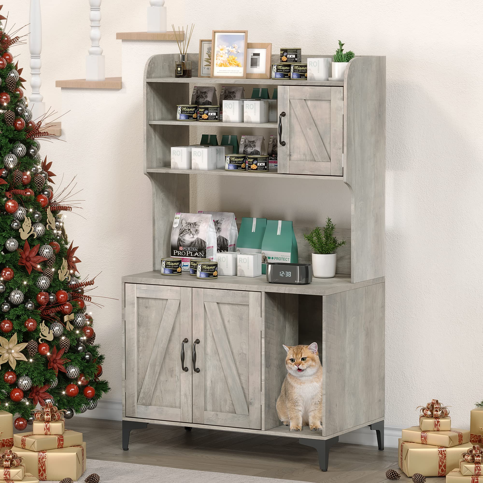 IDEALHOUSE Wooden Cat Litter Box Enclosure with Shelves & Doors - Sturdy Hidden Litter Box Furniture Cabinet for Indoor Cats - Grey | Perfect for Small Spaces & Home Decor