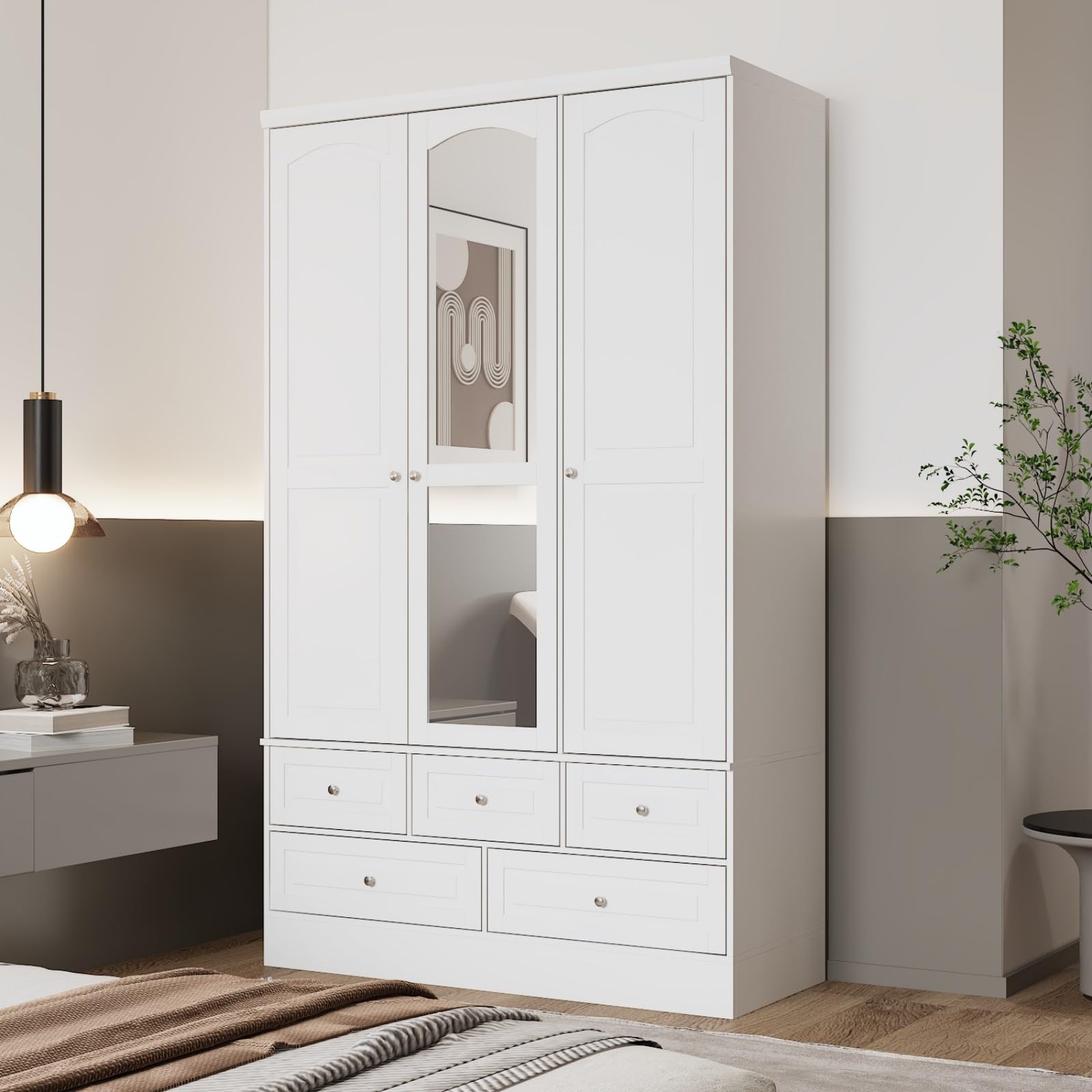 MOUMON White 3 Door Wardrobe Closet with Mirror, 5 Drawers, Hanging Rod & 4 Tier Shelves - Bedroom Storage Cabinet (47.8”W x 19.7”D x 78.7”H) for Clothes, Shoes & Accessories Organization