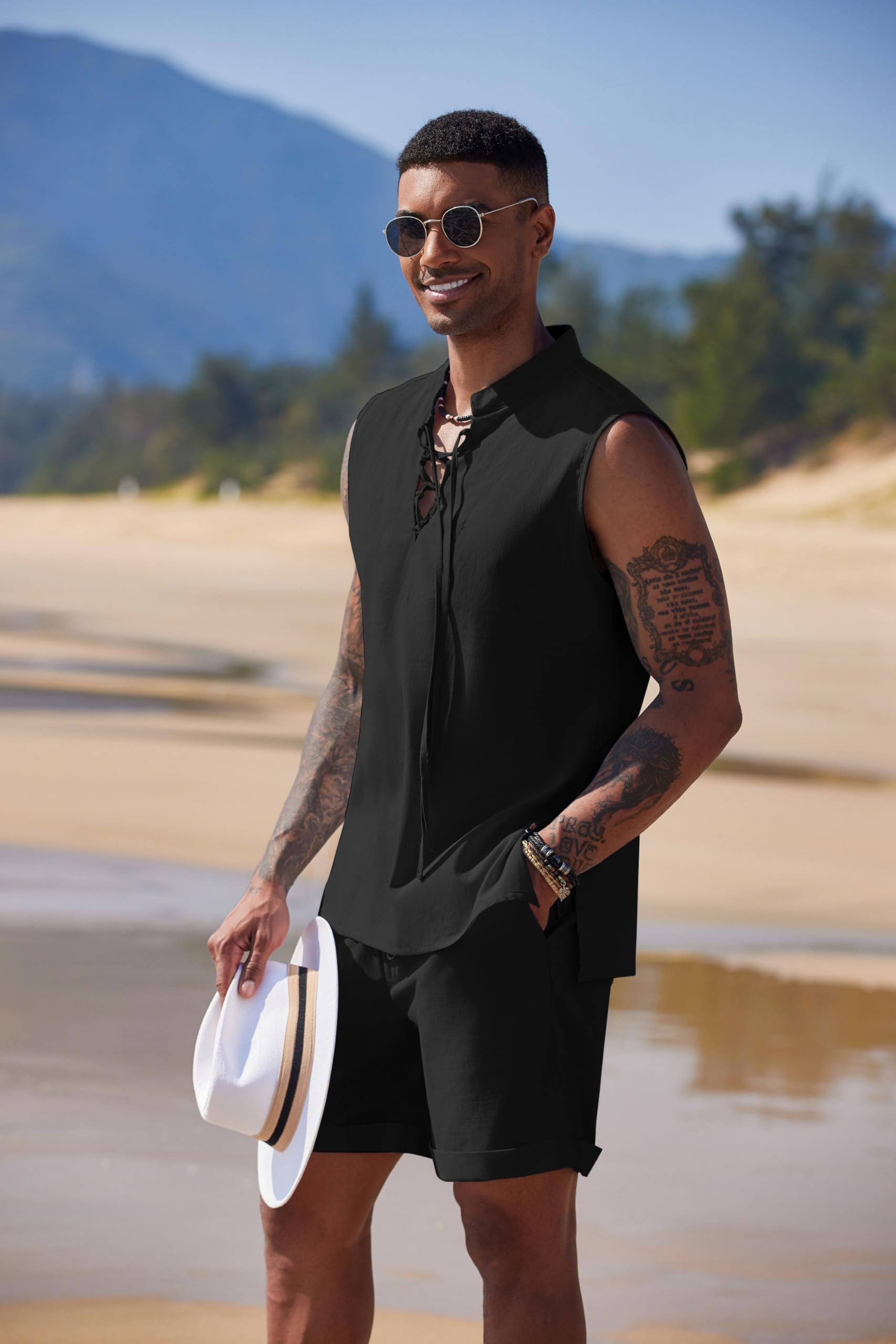 COOFANDY Men's 2-Piece Linen Beach Outfit Set - Breathable Lace-Up Hippie Tank Top & Matching Shorts for Summer Casual Wear | Perfect for Beach Vacations, Music Festivals & Boho Style Outfits