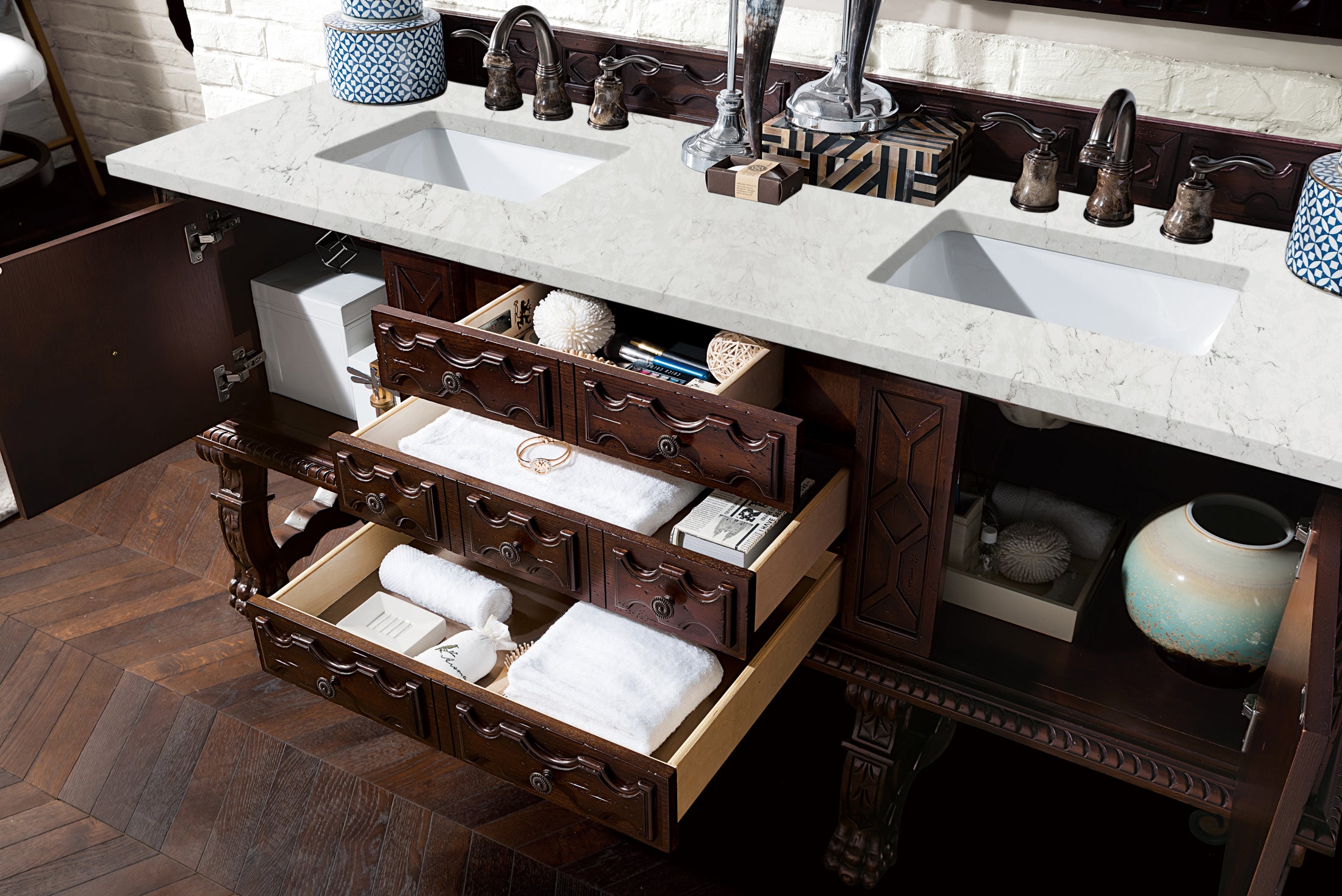 Balmoral 72 Inch Double Vanity Cabinet with 3CM Eternal Jasmine Pearl Quartz Top - Antique Walnut Bathroom Vanity for Modern & Traditional Home Decor | Perfect for Master Bathroom, Guest Bath, or Powder Room Makeover