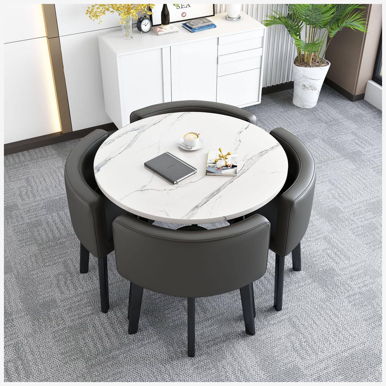 Modern Reception Table and Chair Set - Round Office Conference Dining Table - Black Contemporary Furniture for Living Room, Balcony, Coffee Shop & Bakery - Perfect for Meetings, Dining & Leisure Spaces