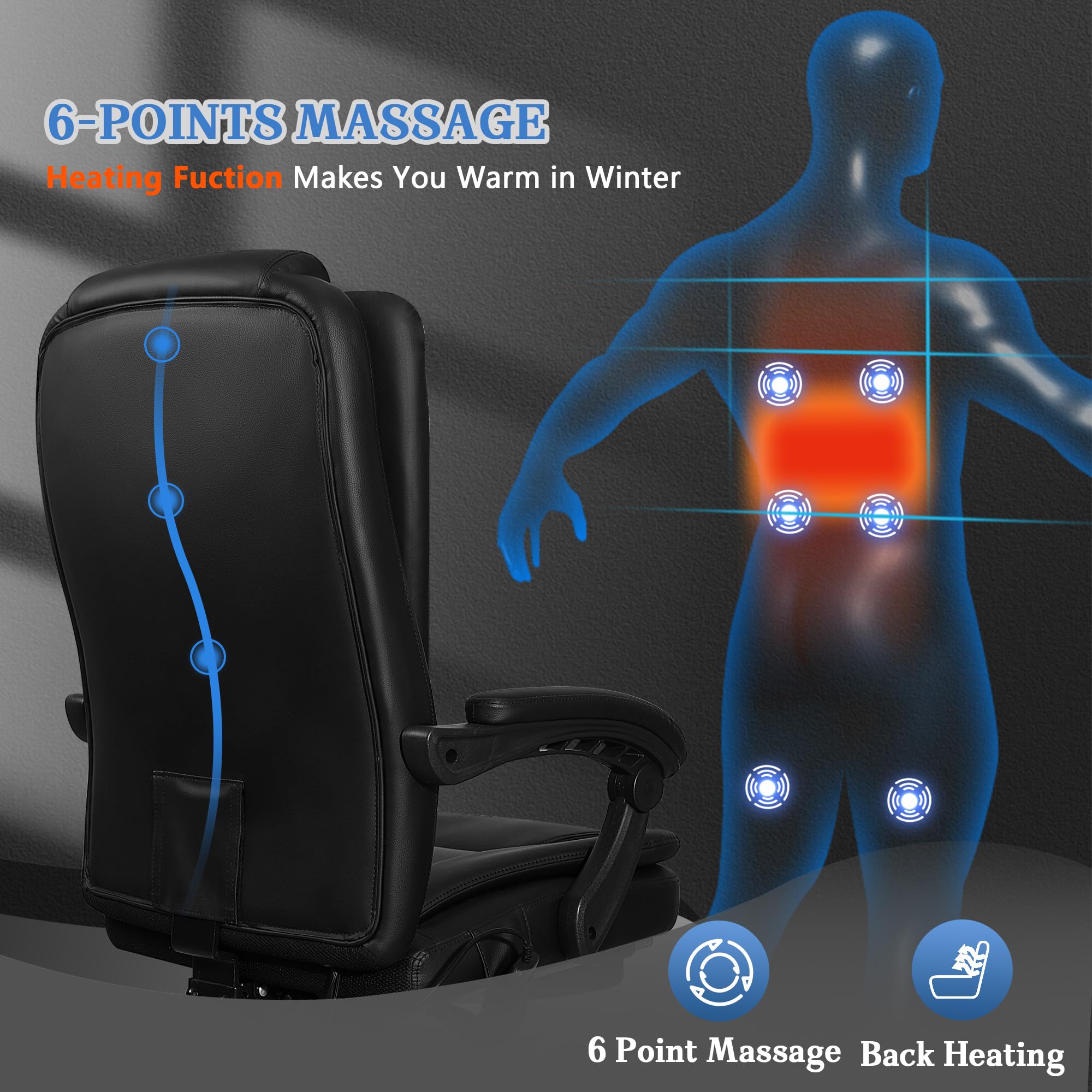 Premium 6-Point Massage & Heated Executive Office Chair - Big & Tall Ergonomic PU Leather Chair with Adjustable Height, Reclining Backrest & Footrest - Perfect for Home Office, Gaming & Workspaces