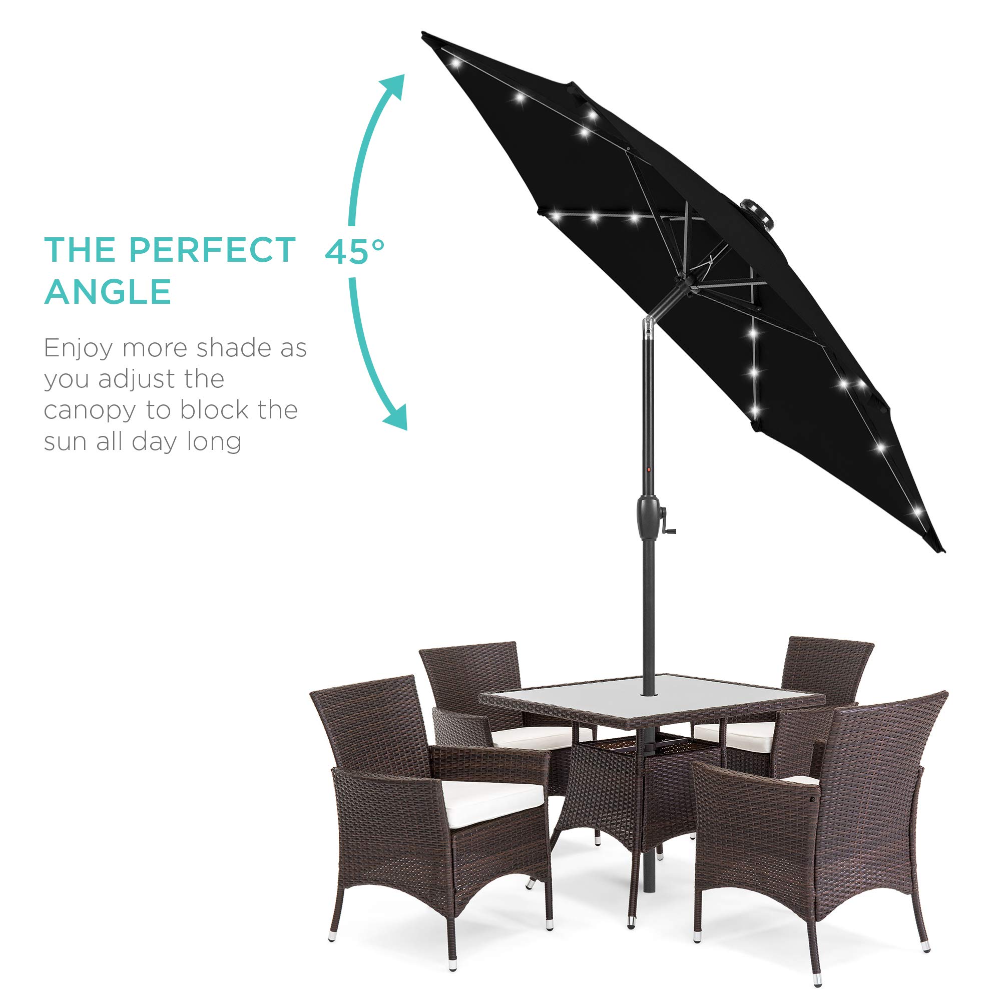 Best Choice Products 7.5ft Outdoor Solar Powered LED Patio Umbrella with Tilt & Crank - Perfect for Poolside, Deck, Garden, and Backyard Relaxation - Black