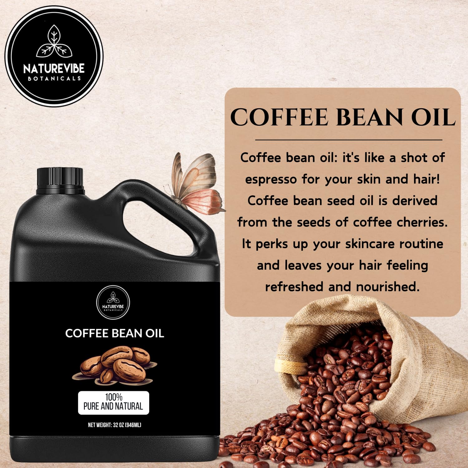 Naturevibe Botanicals Organic Coffee Bean Oil & Moringa Seed Oil Combo - 32oz Each | Cold Pressed, Unrefined for Hair Growth, Skin Care & Massage | Perfect for Aromatherapy & DIY Beauty Products