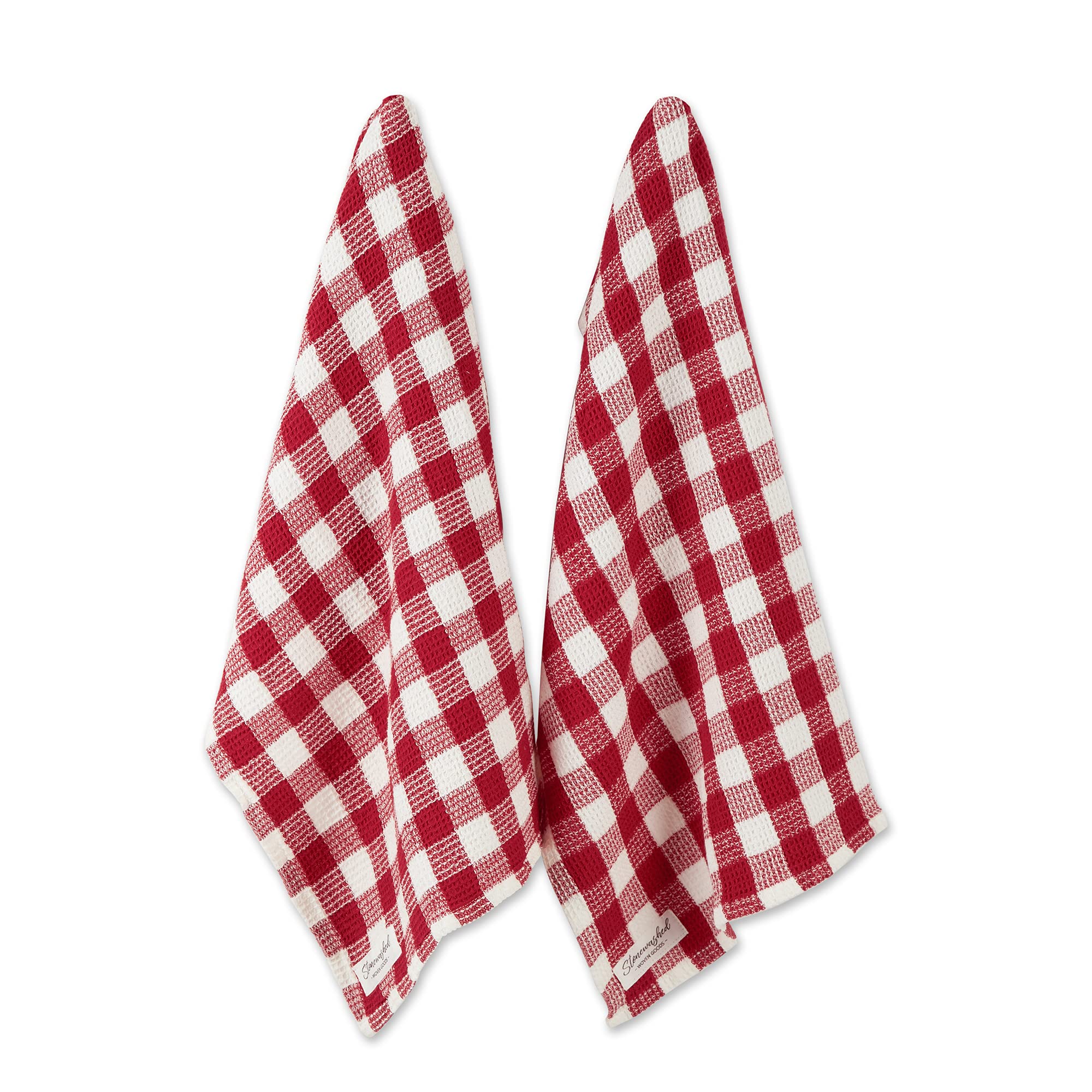 DII Washed Waffle Weave Dish Towel Set - 2 Pack, 18x28 Inches, Red Cider Check Pattern - Absorbent Kitchen Towels for Drying Dishes, Cleaning & Decor