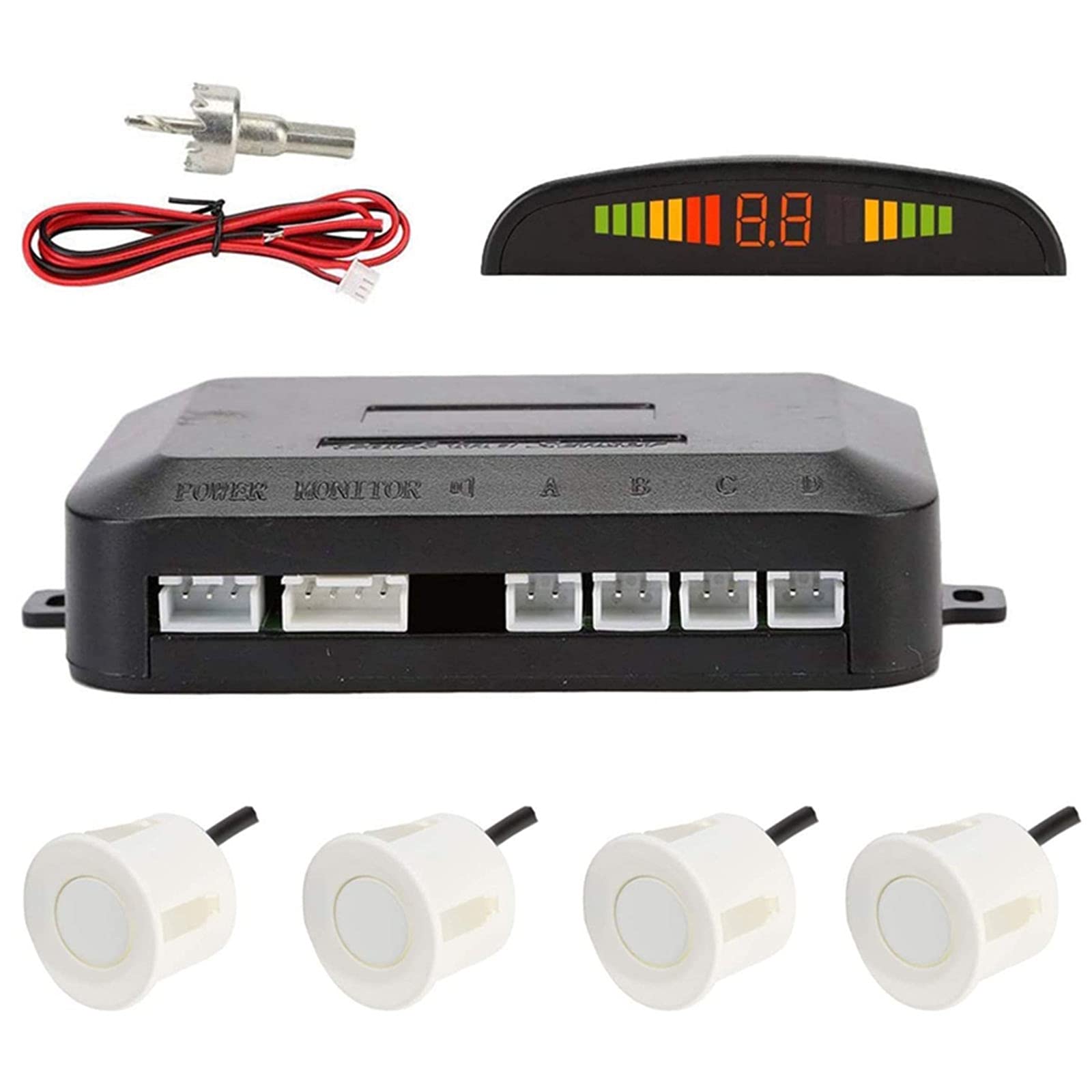 OSAN Reversing Radar System - 4 Sensor Parking Aid Kit with Digital LED Display & Beeper Alarm for Cars, Trucks, SUVs | Easy Backing & Parking Assistance | White