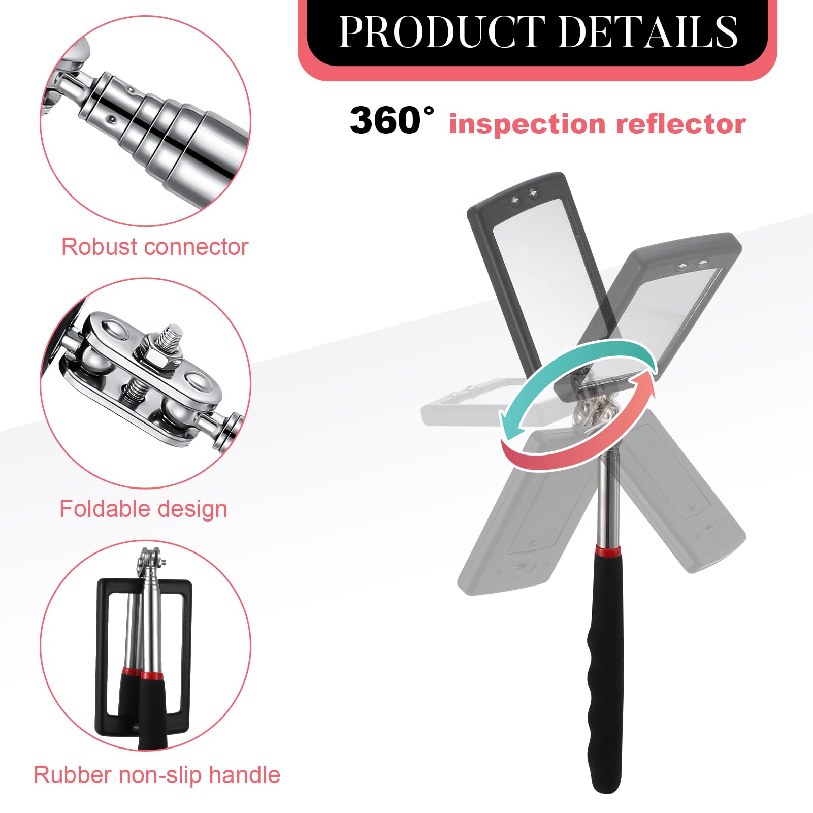 6-Piece LED Telescoping Inspection Mirror Set - Retractable Under Vehicle Detection Tool with Bright LED Light for Car Repair & Maintenance - Ideal for Mechanics, DIY Auto Enthusiasts & Home Inspections