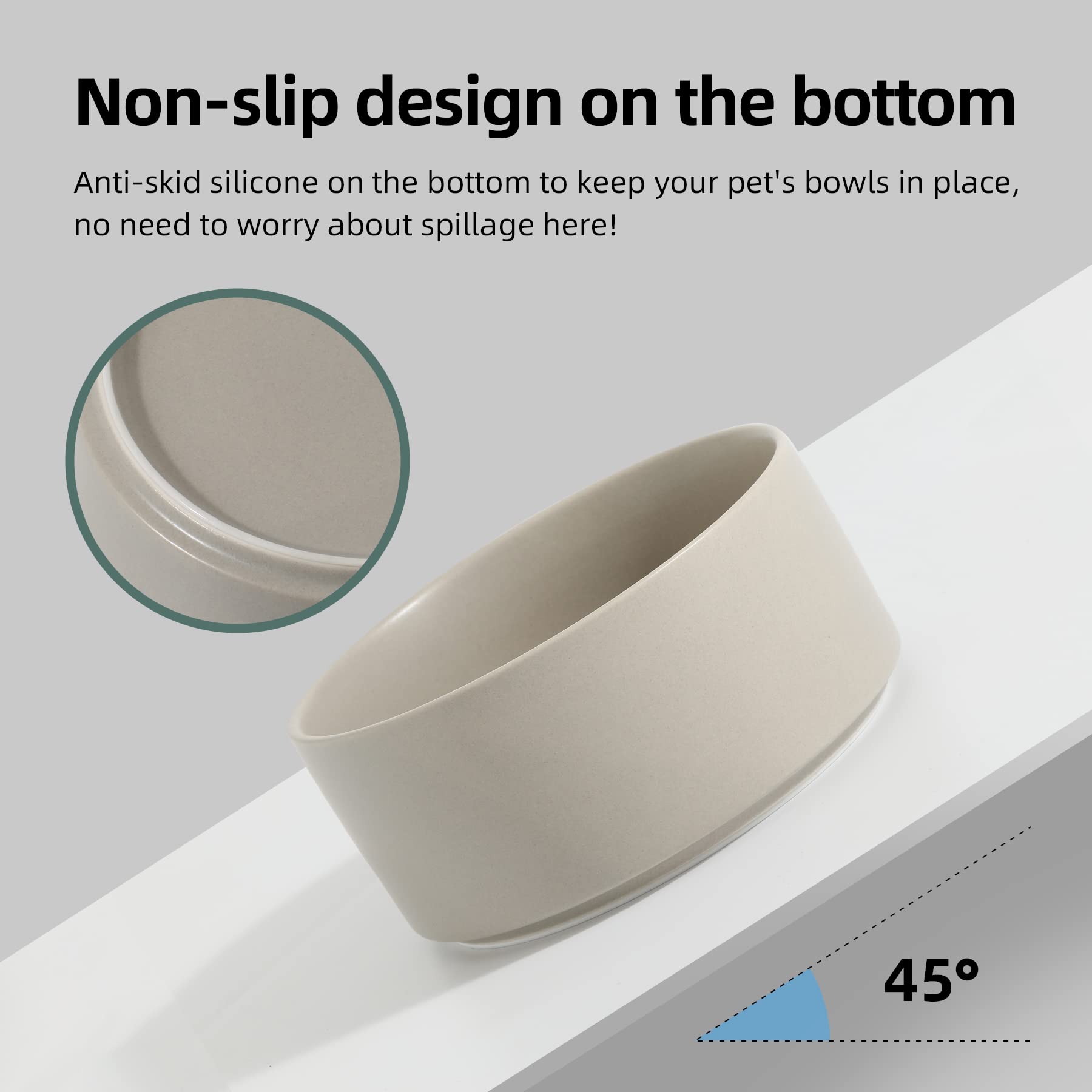 Non-Slip Ceramic Dog Bowl Set - 8 Inch Large Pet Food & Water Dish with Anti-Slip Base for Medium & Big Dogs - Spine Protection Design (Grey) - Perfect for Home, Kitchen & Outdoor Use
