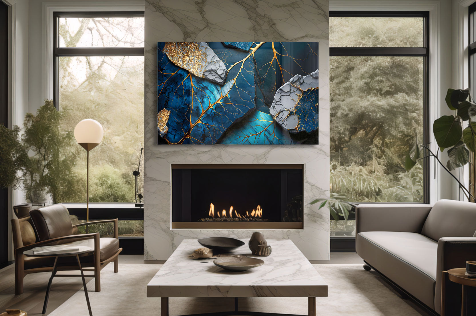 Golden Veined Blue Abstract II Wall Art - Modern Canvas Painting for Living Room, Bedroom & Office Decor
