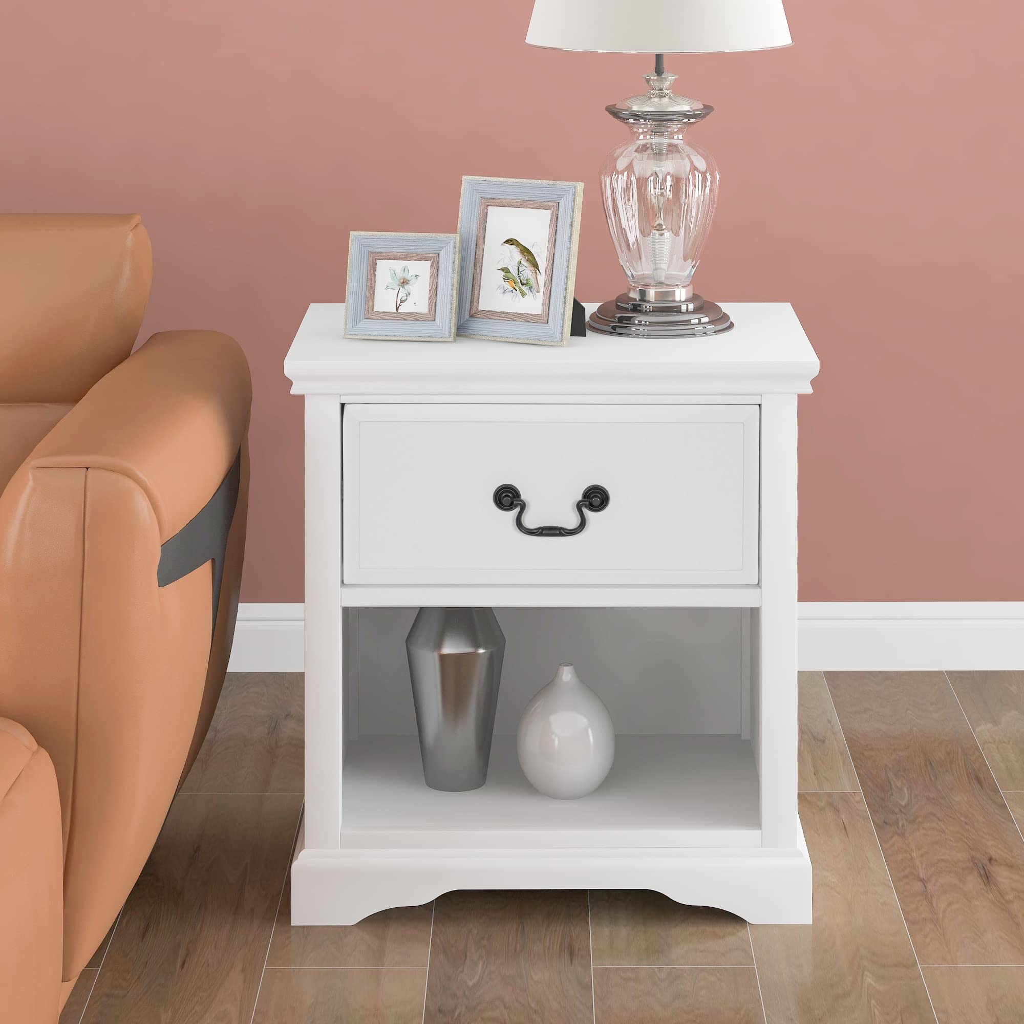Modern Nightstand with Drawer - Solid Wood Accent End Table for Bedroom & Living Room, 25.9