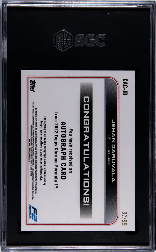 2022 Topps Chrome F1 Jehan Daruvala Green Refractor Auto SGC 9 /99 - Rare Racing Collectible for F1 Fans & Card Collectors - Perfect for Display, Investment & Sports Memorabilia Collections