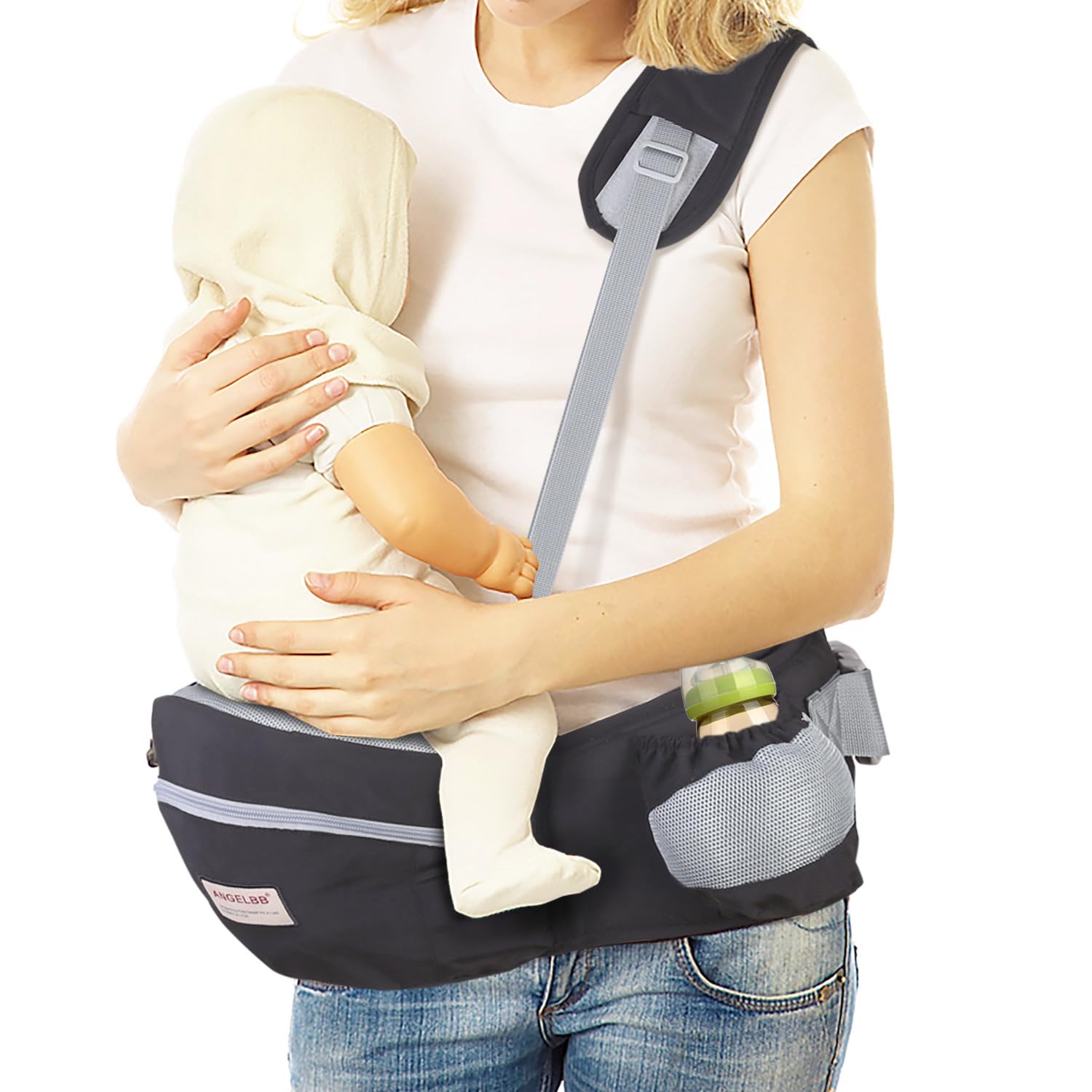 Ergonomic Baby Hip Carrier with Adjustable Straps & Foldable Seat - Newborn to Toddler Support with 180° Up-Down Position, Waistband Extender & Large Storage Pockets - Perfect for Shopping, Travel & Daily Errands (Black)