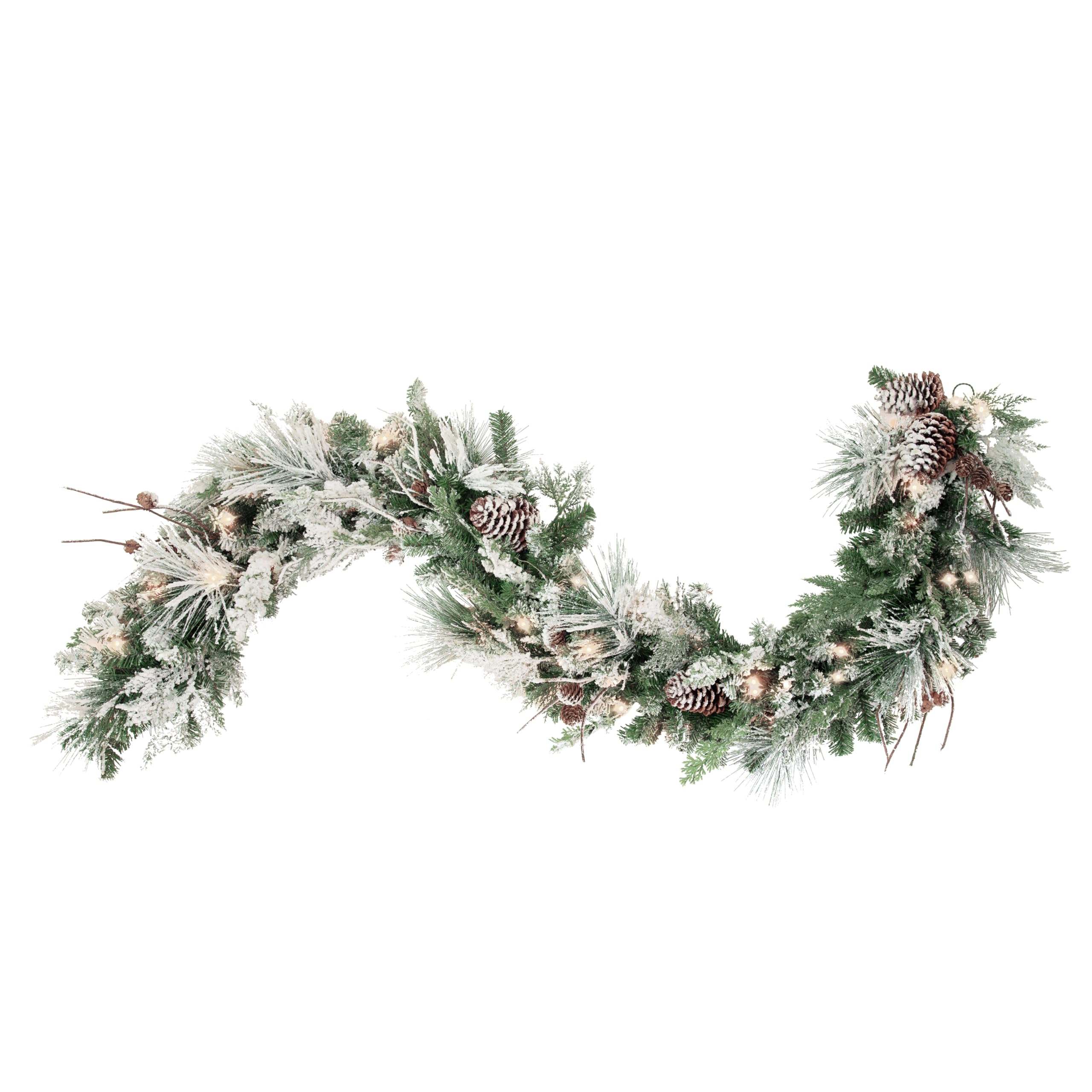 Haute Decor 6ft Snowfall Creek Flocked Christmas Pre-Lit Garland with 60 Warm White LED Lights & Natural Pinecones - Perfect for Fireplace Mantel, Staircase, and Holiday Home Decor