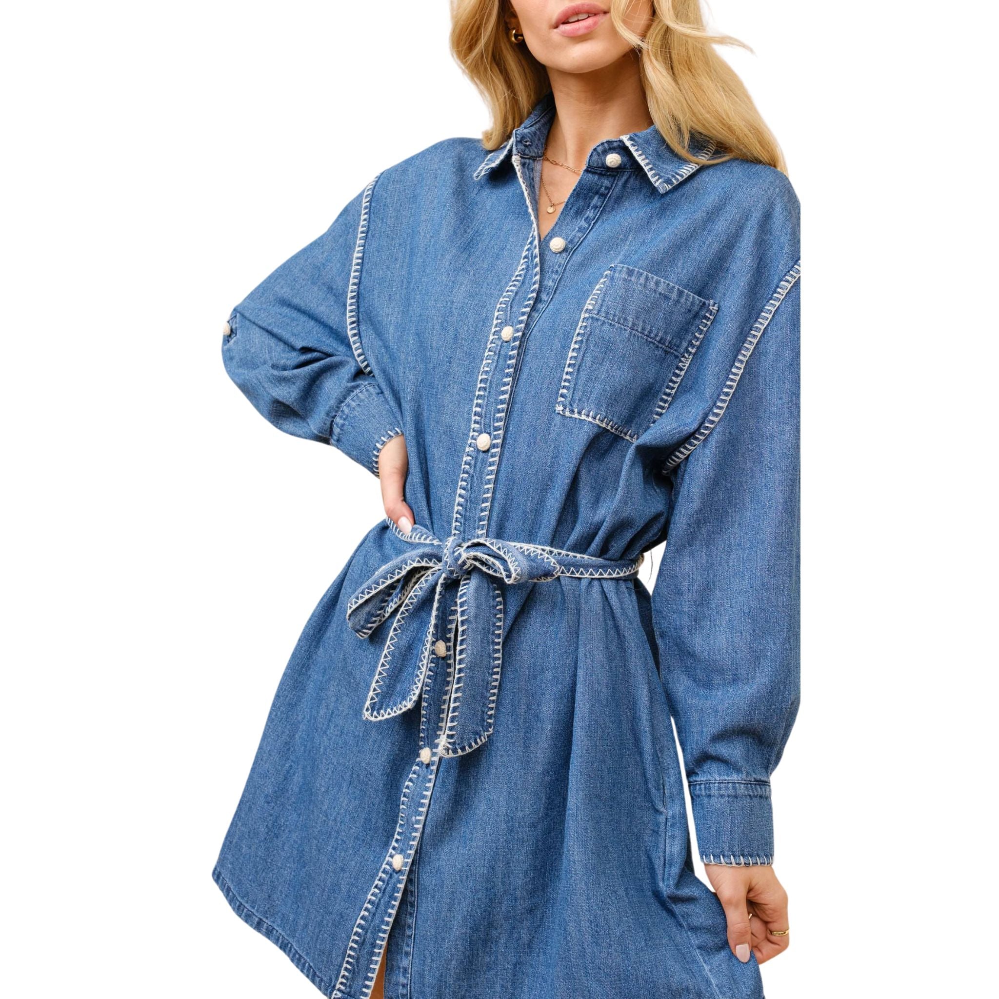 Blanket Stitch Button Up Denim Shirt Dress for Women - Casual & Stylish Outfit for Spring, Fall, and Layering