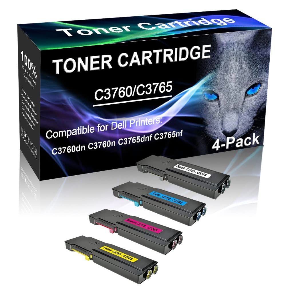 4-Pack (Black+Cyan+Yellow+Magenta) High-Yield Compatible Laser Toner Cartridge Replacement for Dell 331-8429/8430/8431/8432 - Works with Dell C3765dnf Printer - Ideal for Office & Home Printing Needs