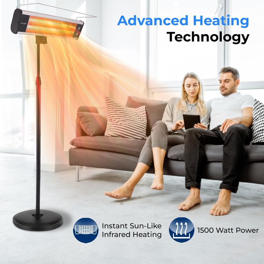 SereneLife 1500W Infrared Patio Heater with Remote Control - Indoor Outdoor Electric Heater, Portable Standing Heater with 360° Tip-Over Safety & IP65 Rating - Perfect for Restaurants, Patios, Backyards, Garages, Decks, and Outdoor Gatherings