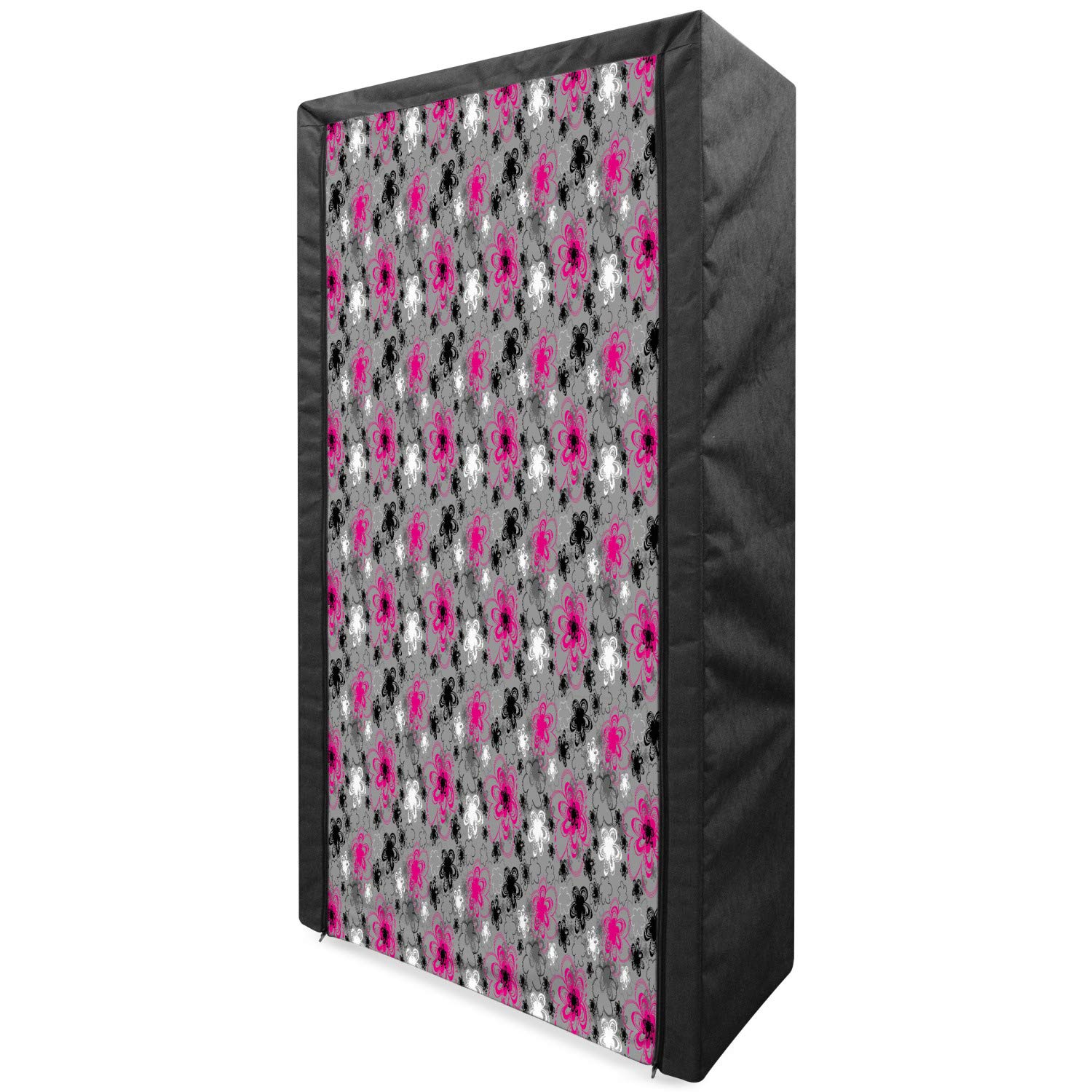 Ambesonne Vintage Floral Portable Fabric Wardrobe - Vibrant Hand-Drawn Blossom Design, Antique Retro Clothing Organizer with Shelves (33.5 Inch, Hot Pink/Black/Grey) | Perfect for Bedroom, Closet, Dorm & Small Space Storage