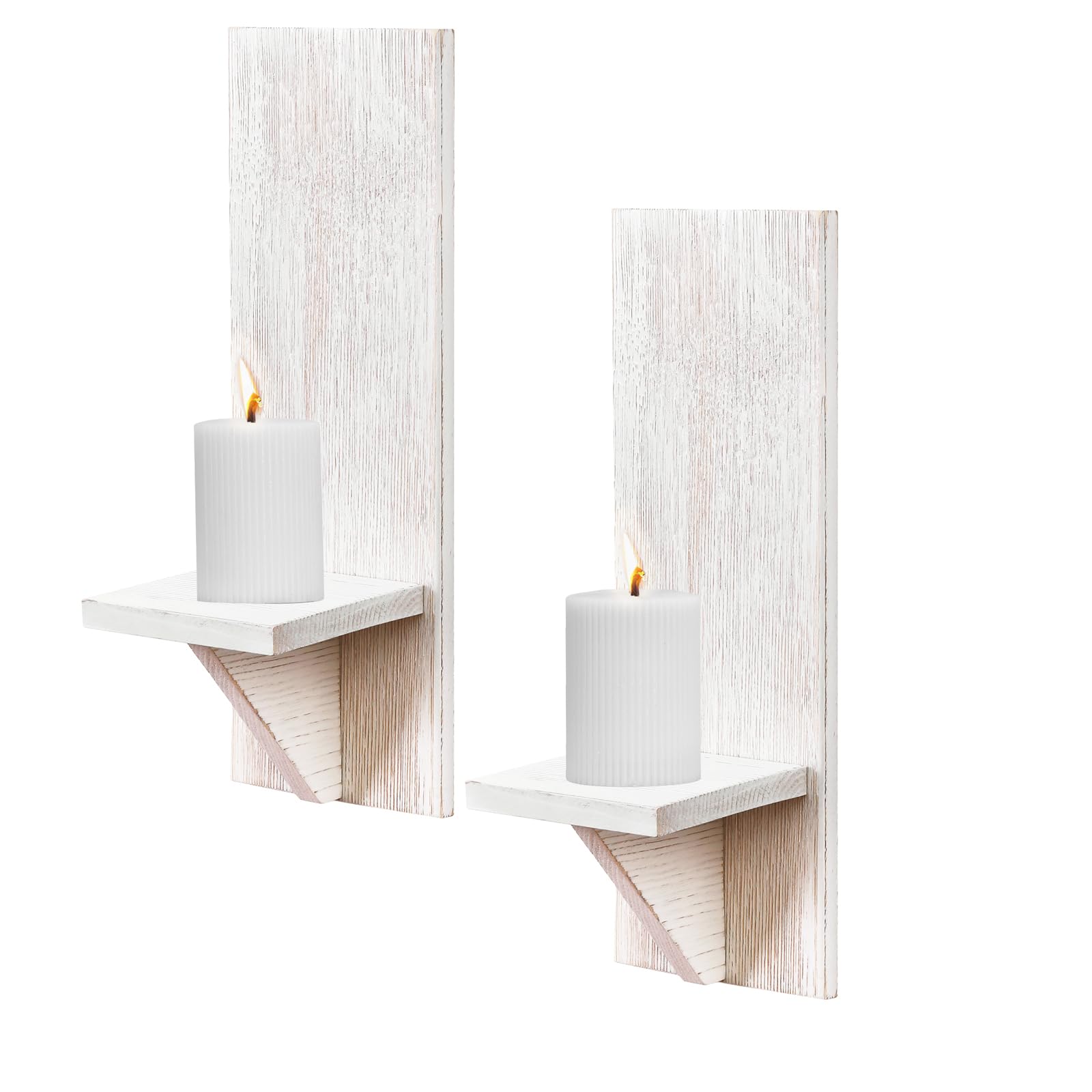 WELLAND White Wall Mount Candle Holders - Set of 2, Farmhouse Wall Sconces with Floating Shelves, Rustic Home Decor for Living Room, Bedroom & Dining Room