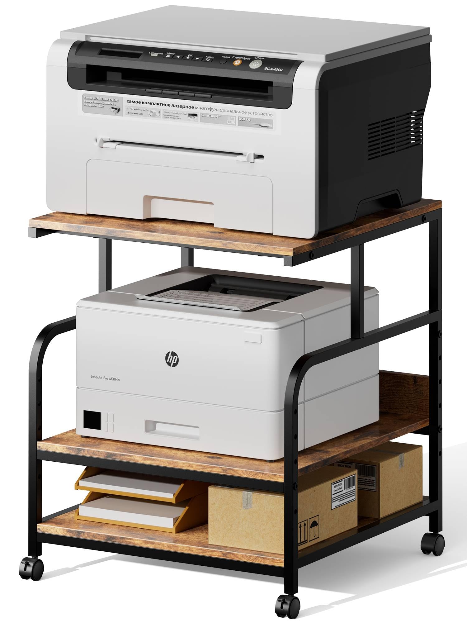 Warmiehomy 24x24 Inches Adjustable Rolling Printer Stand with 3-Tier Storage Shelf - Heavy Duty Mobile Printer Cart for 3D Printer, Laser Printer, Mini Fridge - Perfect for Home Office, Studio, or Workshop (Brown)