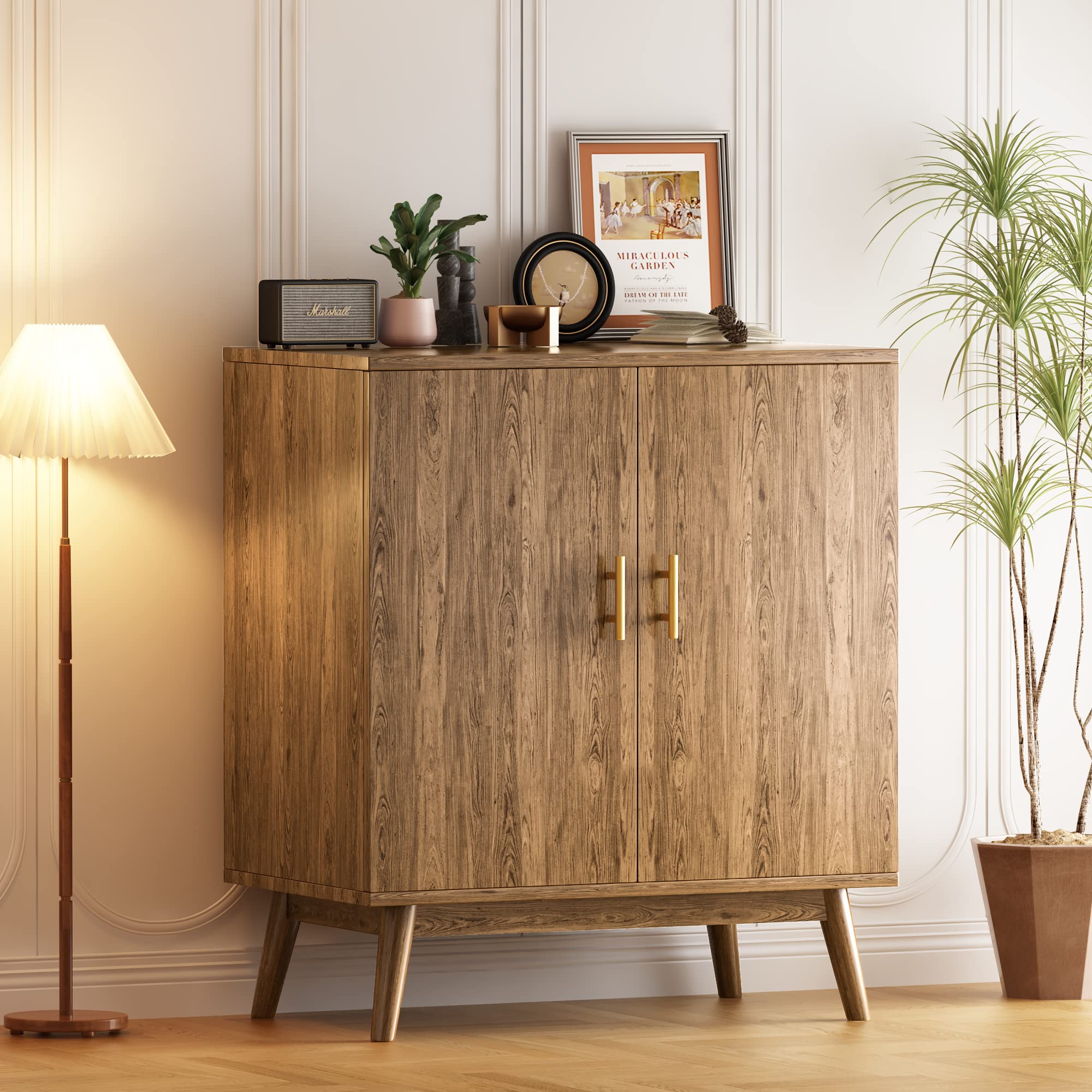 AWQM Sideboard Buffet Cabinet with Double Doors - Wine Bar Storage Cabinet with Wine Rack & Glass Holder - Modern Brown Sideboard for Dining Room, Living Room, Kitchen - Perfect for Home Bar, Wine Storage & Display
