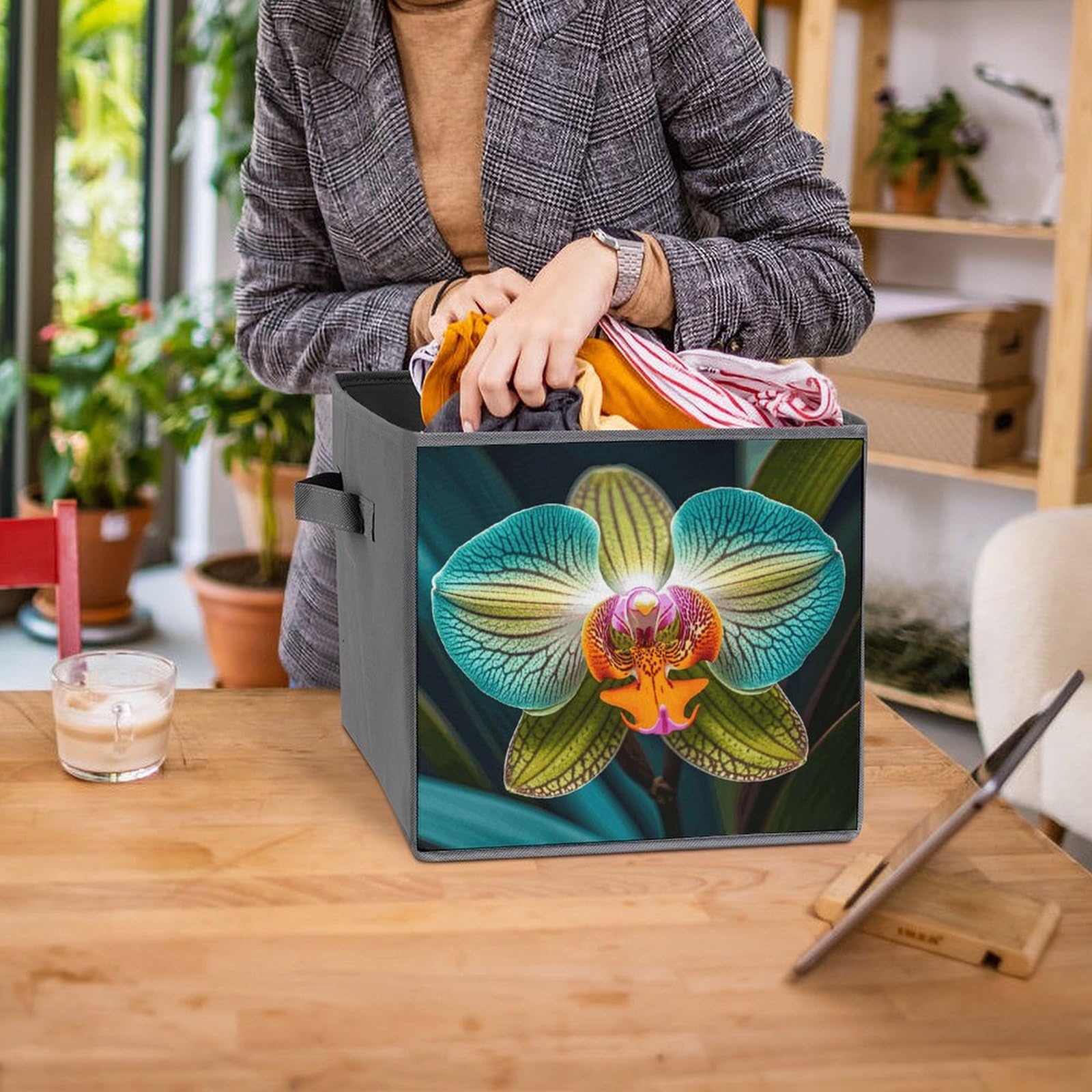6-Piece Collapsible Storage Bins with Handles - Teal & Orange Orchid Printed Foldable Organizing Baskets for Shelves, Closet, Pantry | Space-Saving Home Organization Solution for Bedroom, Bathroom & Office