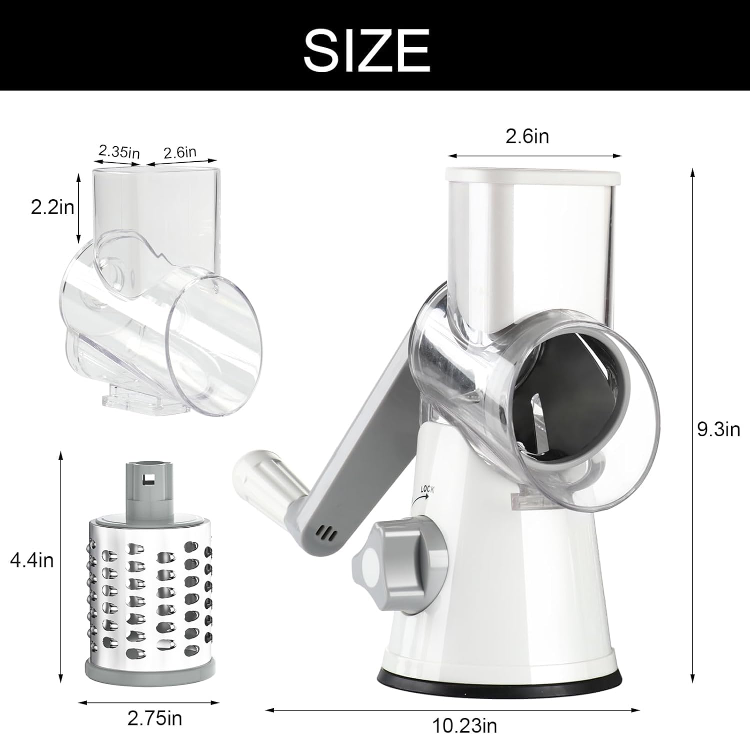 Cambom Rotary Cheese Grater - Hand Crank Cheese Shredder for Fresh Cheese, Vegetables & Nuts - Non-Slip Suction Base with 3 Blades & Free Cleaning Brush - Perfect for Pizza, Pasta, Salads & Baking (White)
