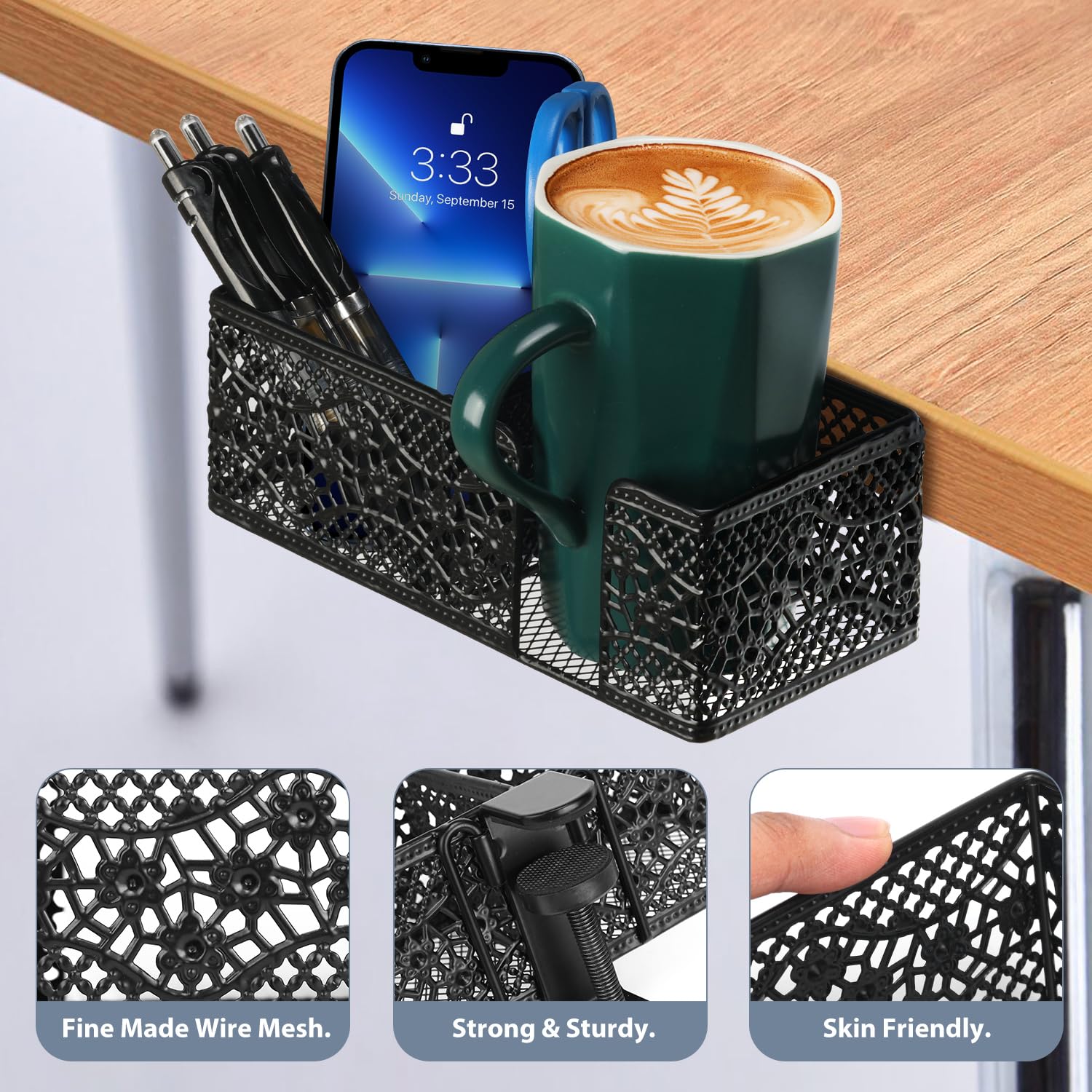 Clip-On Desk Organizer with Cup Holder, Pencil Storage & Phone Stand - Space-Saving Office & School Accessories for Beverages, Stationery & Devices - Perfect for Work, Study & Home Organization