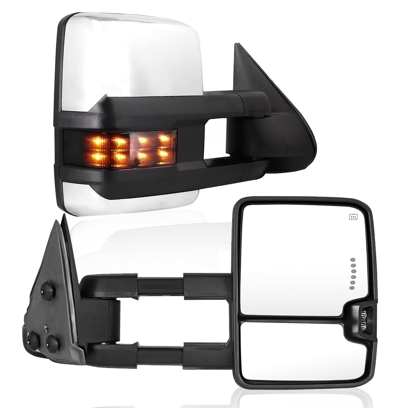 PZ Towing Mirrors for 2014-2018 Chevy Silverado Suburban & GMC Sierra 1500/2500/3500 HD - Chrome Power Heated LED Arrow Light with Smoked Turn Signal & Clearance Lamp (Pair) - Perfect for Towing, RV Camping & Off-Road Adventures