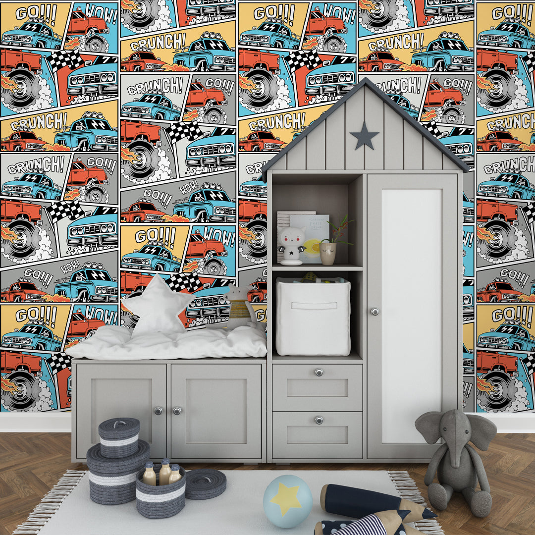 High-Speed Racing Monster Truck Wallpaper CC317 - Durable & Vibrant for Kids' Rooms & Gaming Setups