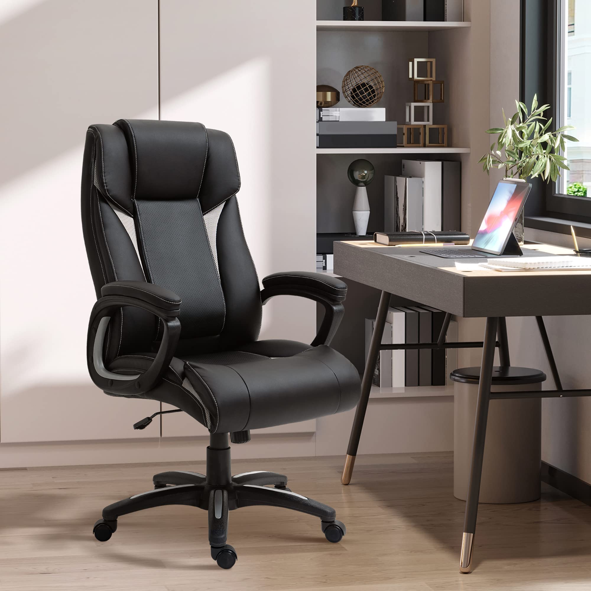 Vinsetto Ergonomic High Back Executive Office Chair with Padded Armrests - Adjustable Height PU Leather Computer Desk Chair with Breathable Mesh Backrest, 360° Swivel & Rocking Feature - Perfect for Home Office, Gaming, and Workspace Comfort