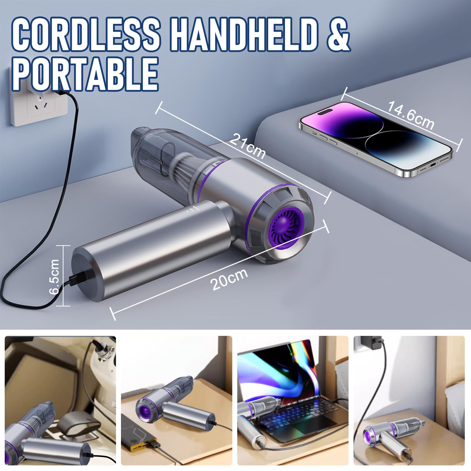 Cordless Car Vacuum 20000PA - Portable Mini Vacuum Cleaner for Car, Home & Office