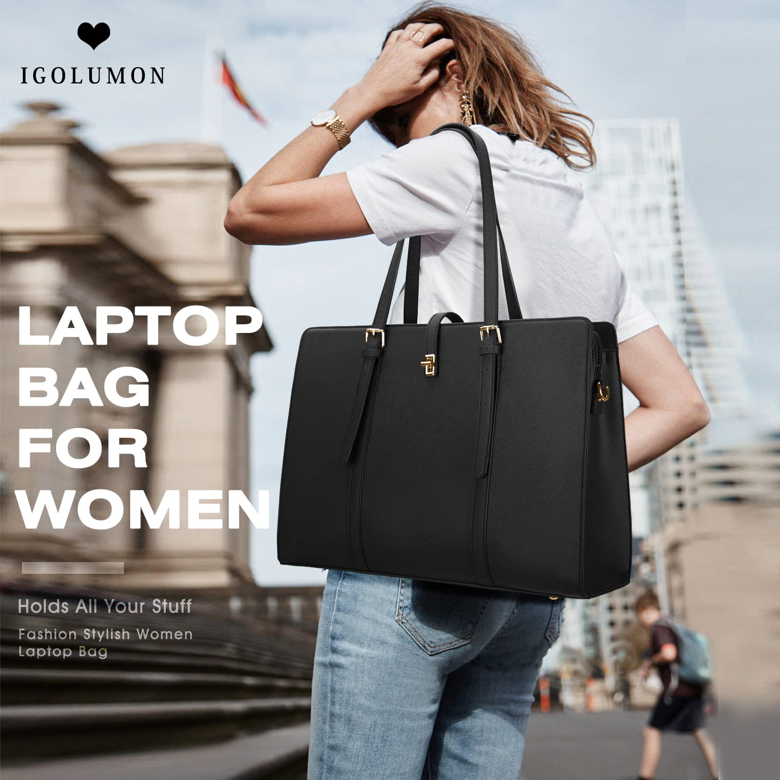 15.6 Inch Leather Laptop Tote Bag for Women - Waterproof Lightweight Professional Business Office Shoulder Bag - Large Travel Handbag for Work, Commute, and Meetings - Black