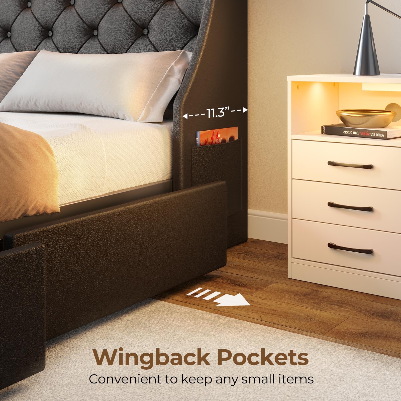 Rolanstar Queen Size Bed Frame with 4 Storage Drawers, USB Charging Station & LED Lights - Upholstered PU Leather Platform Bed with Heavy Duty Wooden Slats, No Box Spring Needed, Quiet & Easy Assembly | Perfect for Small Bedrooms, Guest Rooms & Modern Apartments