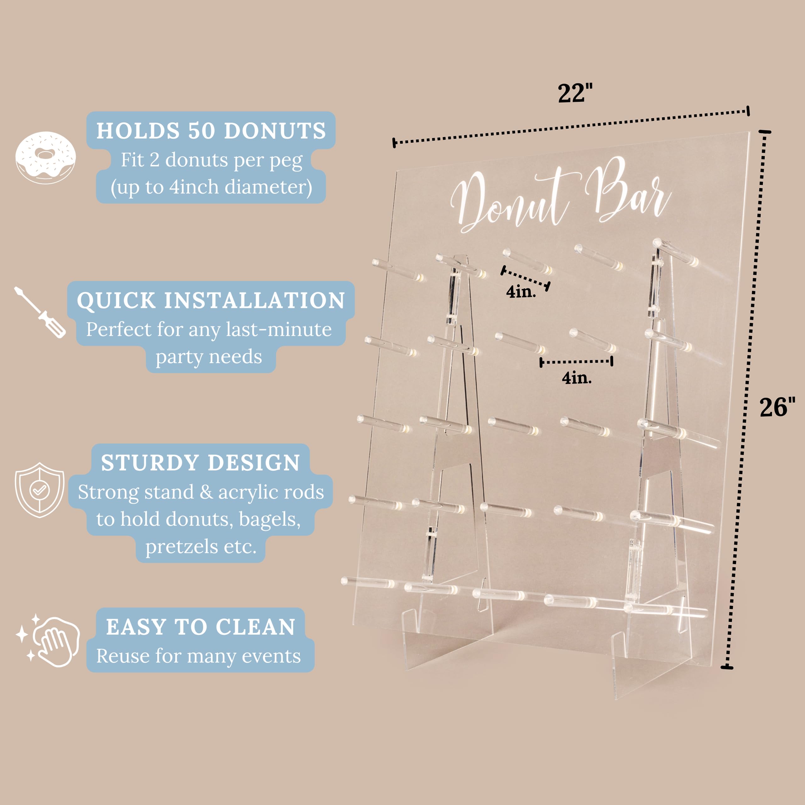 Acrylic Donut Wall Display Stand - Holds 50 Donuts | XL Donut Board for Weddings, Parties & Events | Large Dessert Holder for Donut Walls, Dessert Tables & Buffet Displays | Perfect for Birthday Celebrations, Baby Showers & Corporate Events