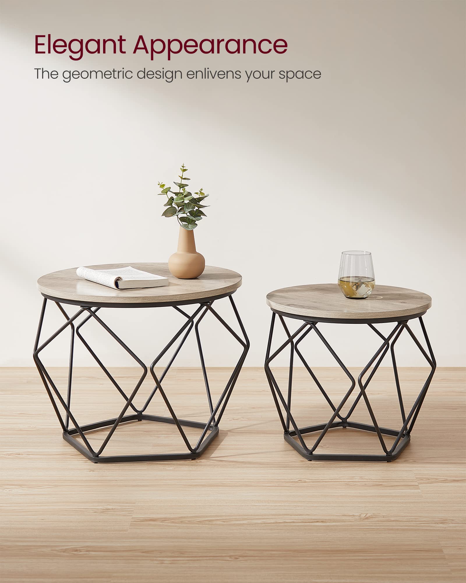 VASAGLE 2-Piece Round Coffee Table Set with Sturdy Steel Frame - Modern Side End Table for Living Room, Bedroom & Office - Greige & Ink Black - Perfect for Small Spaces, Home Decor & Coffee Time