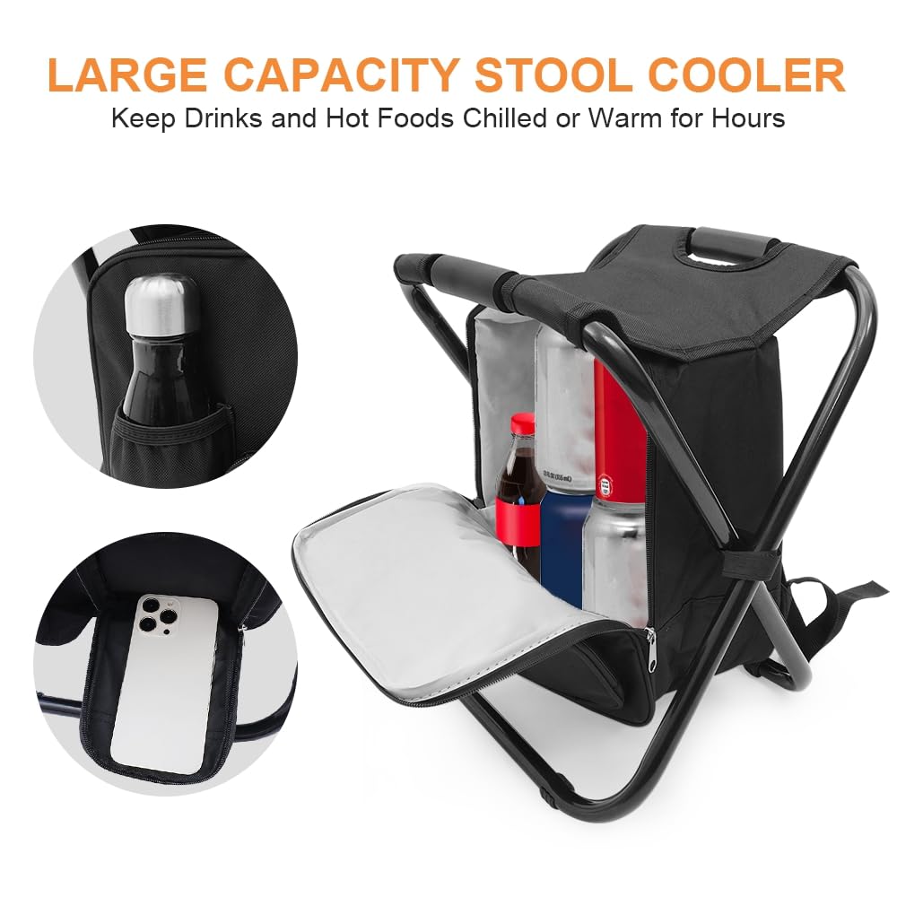 Portable Folding Camping Stool with Backpack & Cooler Bag - Lightweight Hiking Seat for Outdoor Fishing, Hunting & Picnics - Perfect for Camping, Beach & Backpacking Trips (Black)