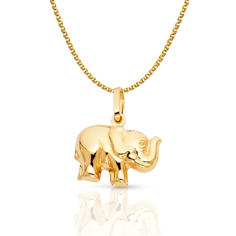 14K Yellow Gold Elephant Pendant Necklace - Strength & Luck Charm with 1.2mm Flat Open Wheat Chain | Perfect for Gifts, Spiritual Jewelry & Everyday Wear